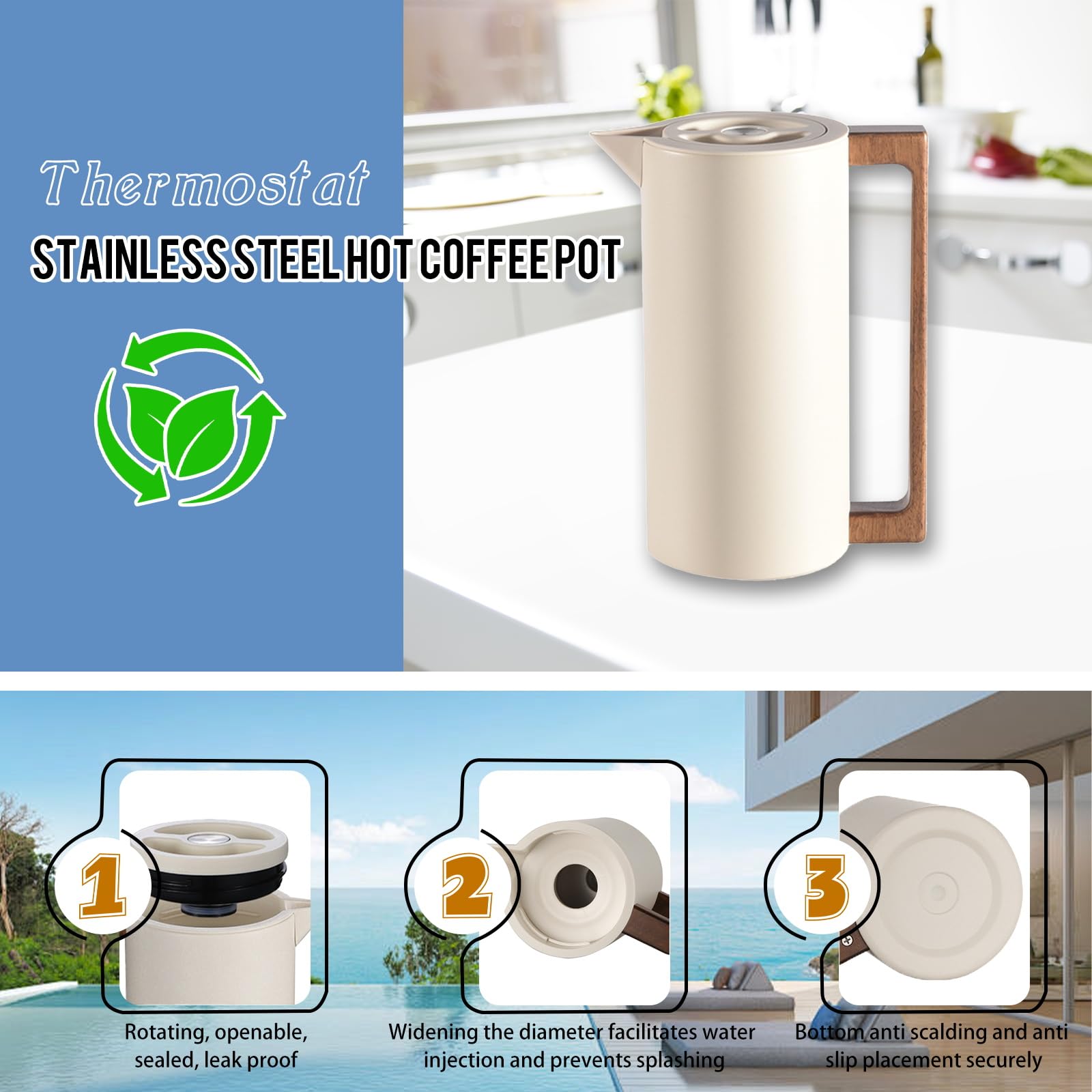 Pichet Isotherme Thermos, Carafe à Café Thermique Acier Inoxydable, Avec Poignée En Bois Et Bouton-poussoir De Sécurité Simple, Pour La Maison, L'hôtel, Le Bureau (Beige,1L)