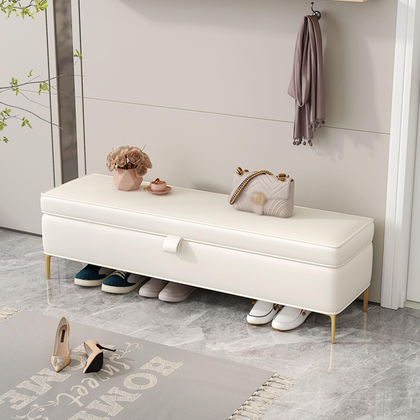 Banc de rangement à chaussures d'entrée en cuir PU blanc perle