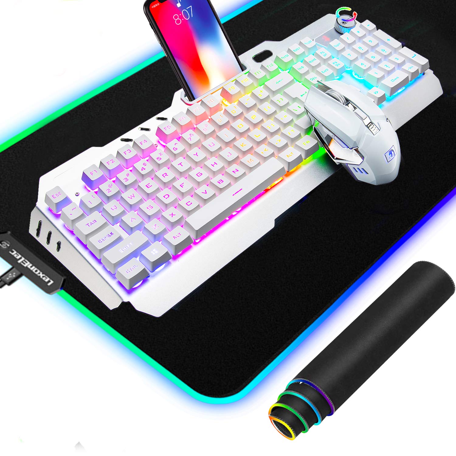 Hoopond Wireless 2.4G Rechargeable Gaming Keyboard and Mouse Set, 3 in 1, 4800mAh, 16 LED Backlit Gaming Keyboard with Knob Contorl+2400DPI 7 Colors Breathing Light Mouse+Large RGB Gaming Mouse Pad