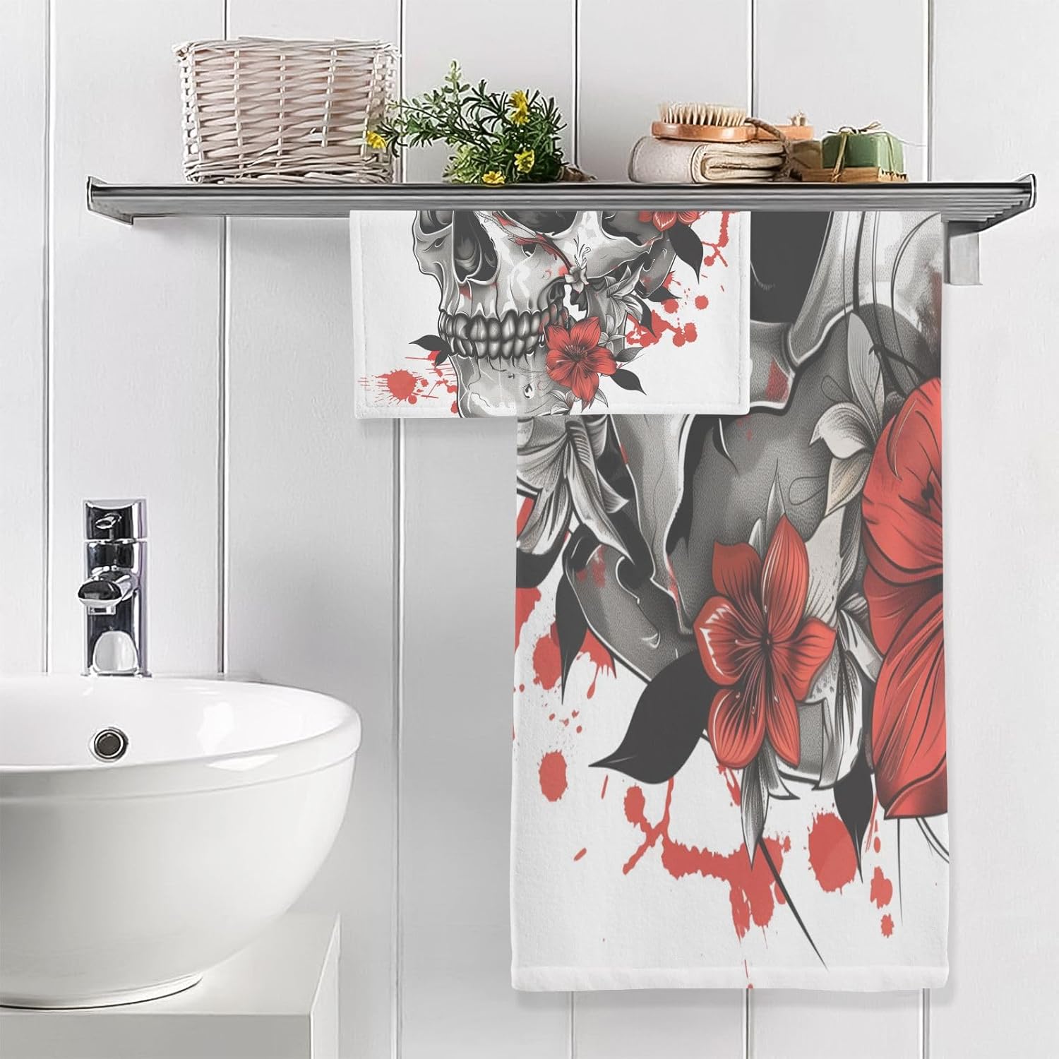 Hand Towels Premium Soft and Highly Absorbent Skull with Red Flowers 2 Pcs Towels for Bathroom Set 100% Cotton Decorative Face Towels