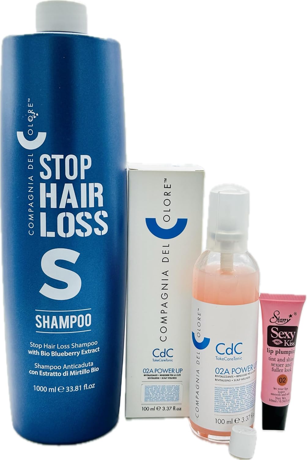 Compagnia Del Colore Stop Hair Loss Shampoo 33.8 Oz and 02A Power up Revitalizing Drops 3.37 Oz, Free Starry Sexy Kiss Lip Plumping 10 Ml