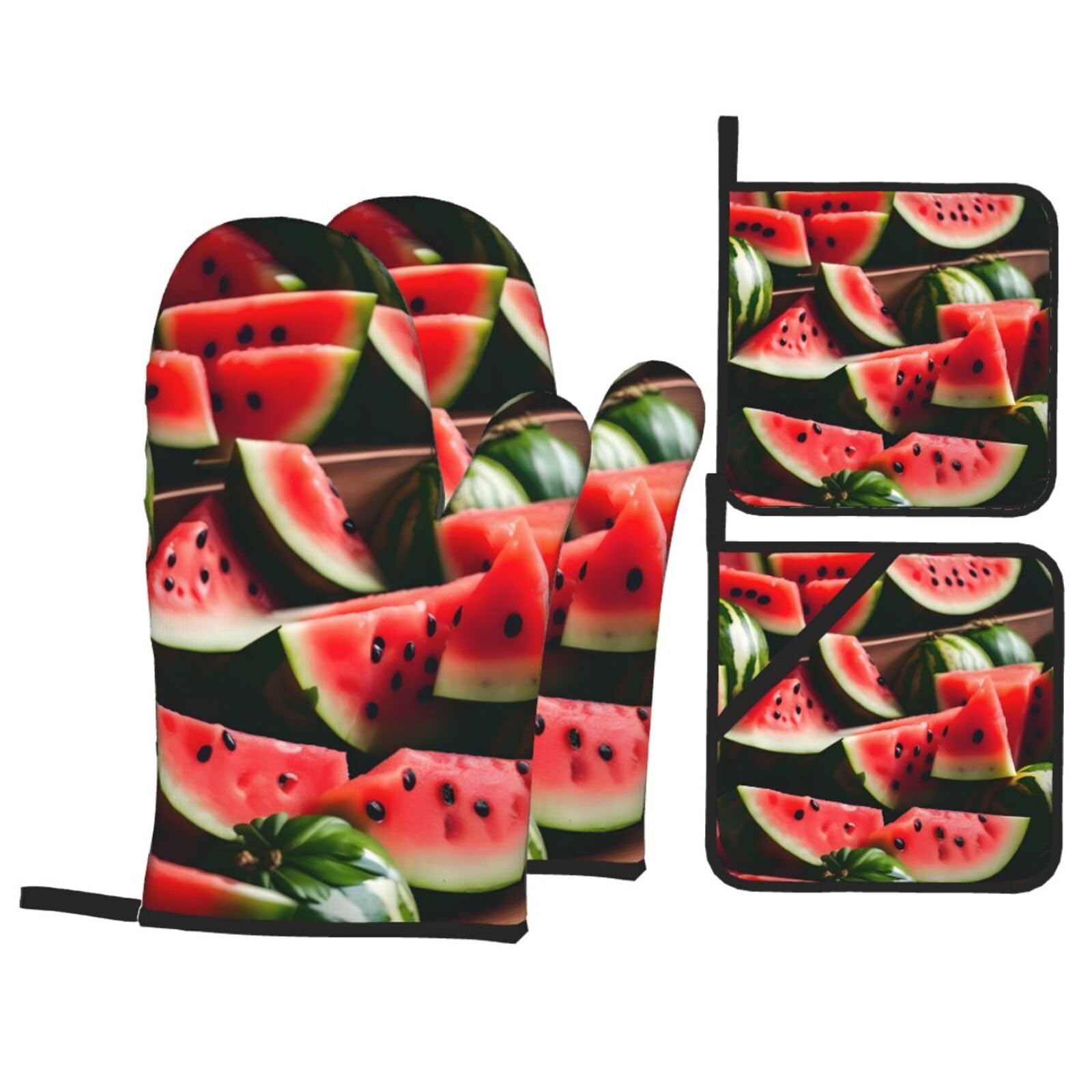 Watermelon fresh fruit Print 4-Piece Oven Microwaving Set Kitchen Gloves for Holiday Cooking Baking Grilling