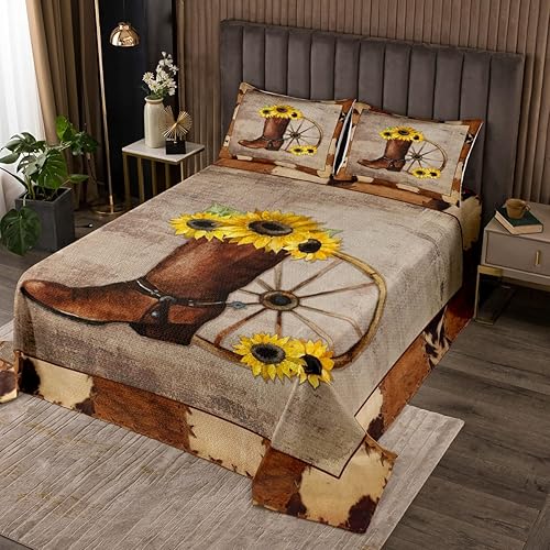 Erosebridal Colcha de vaquero, tamaño King, retro, para botas vaqueras, girasol, granja, piel de vaca, vintage, exótico, bohemio, marrón, vaqueras