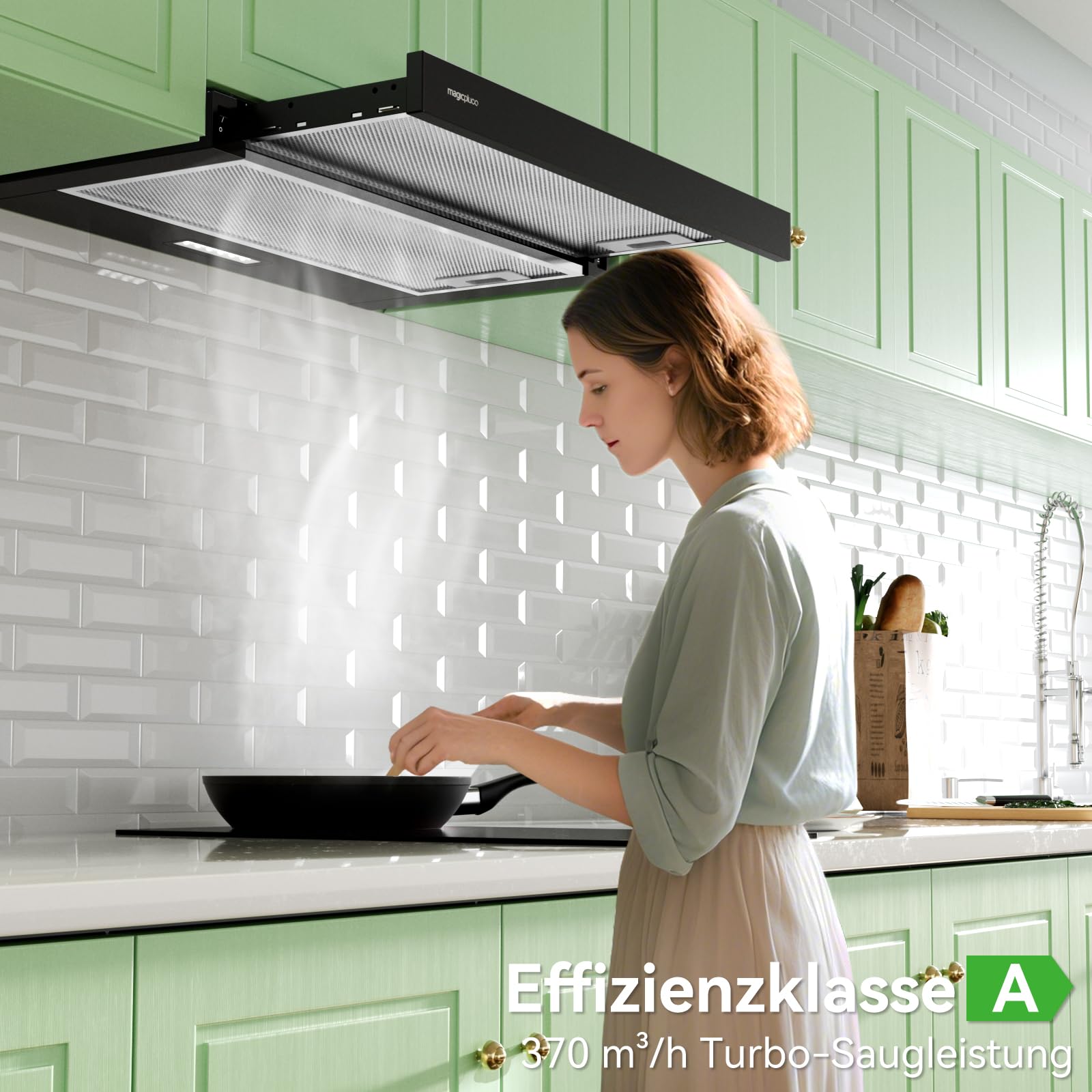 Flachschirmhaube Dunstabzugshaube 60 cm Schwarz 370 m³/h Abluft/Umluft Energieeffizienzklasse A LED-Beleuchtung 60/65 dB(A) inkl. Aktivkohlefilter