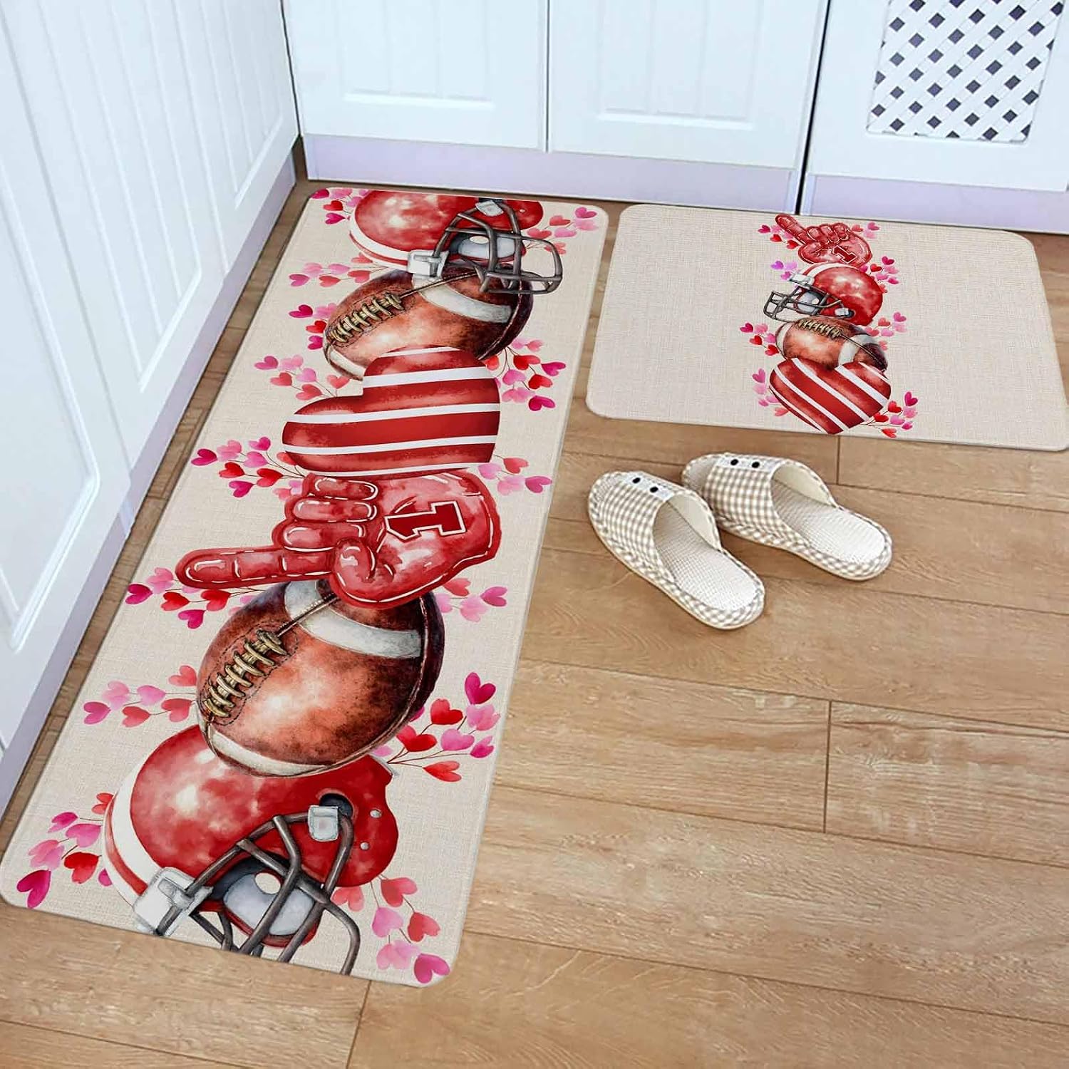 Valentine's Day Kitchen Rugs and Mats Set of 2, Non-Slip Kitchen Sink Mat, Red Pink Love Heart Rugby Glove Beige Washable Doormat Bathroom Rugs Runner for Bedroom/Living Room 19.7"x31.5"+19.7"x47.2"