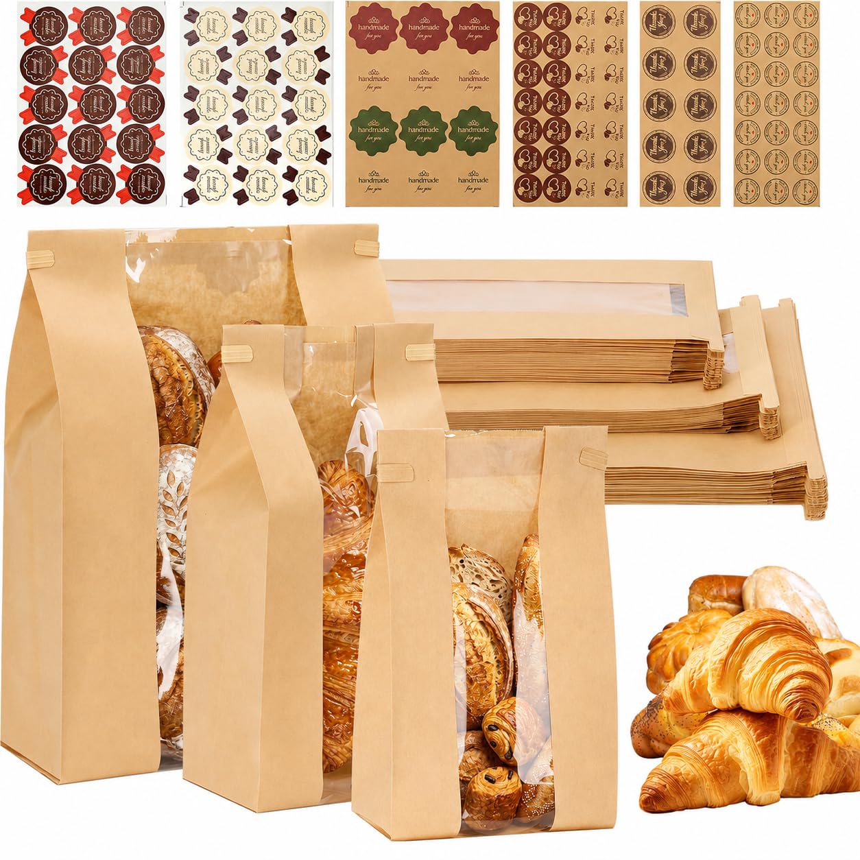 100 Pack Reusable Paper Bread Bags with Stickers & Tin Tie Tab Lock