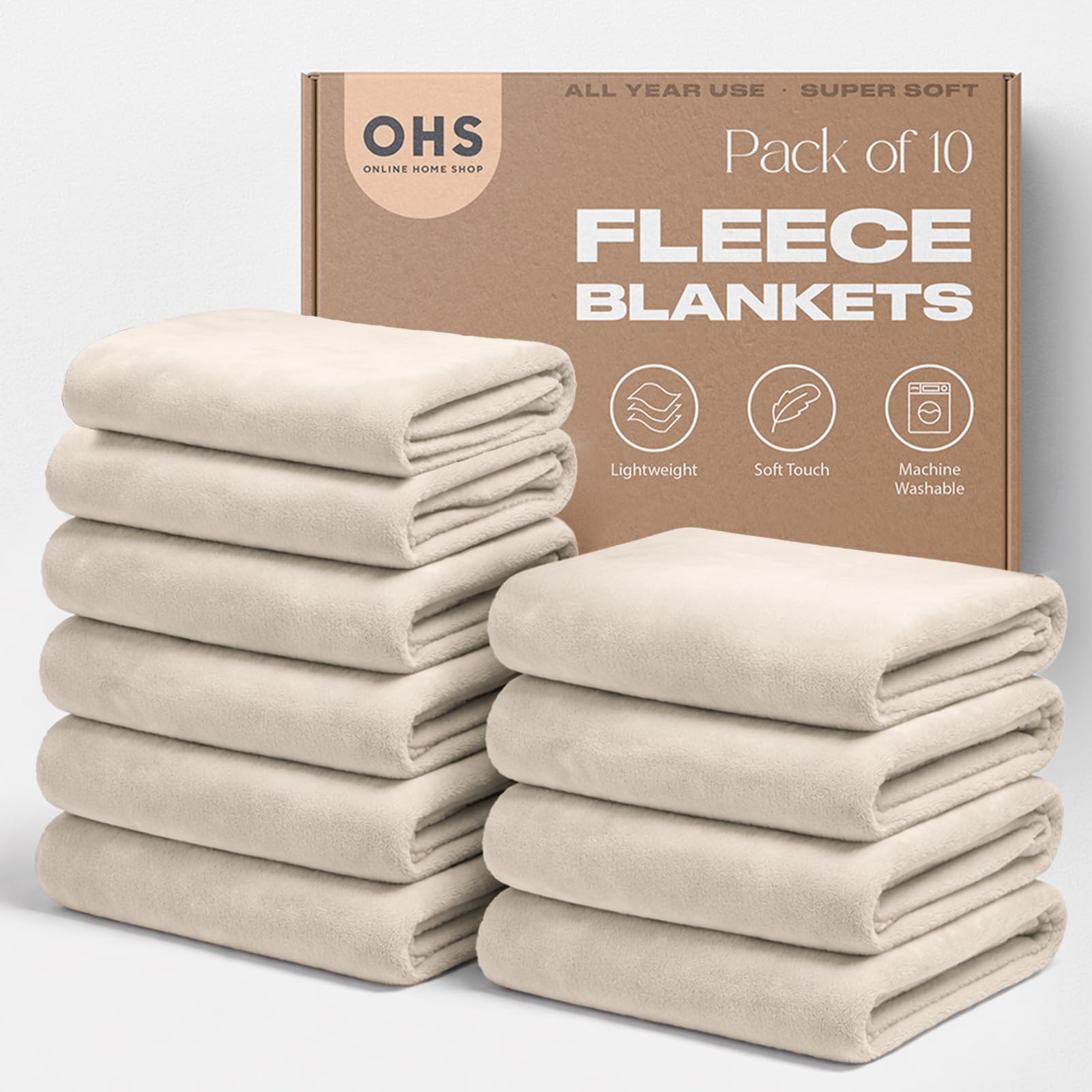 OHS Wholesale 10 x Plain Throws for Sofas Bed Mink Cream Blanket, Super Soft Cosy Warm Blanket Bulk Joblot Lightweight Bed Throw King Size Flannel Fleece Blankets Sofa Throws, 200 x 240cm