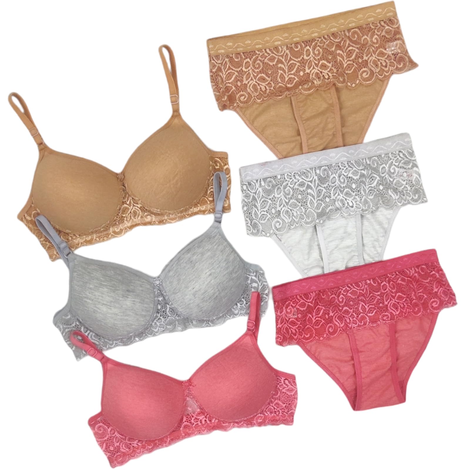 Piylu Lightly Padded Cotton Blend Set Full Coverage Lace Set (Pack of 3)