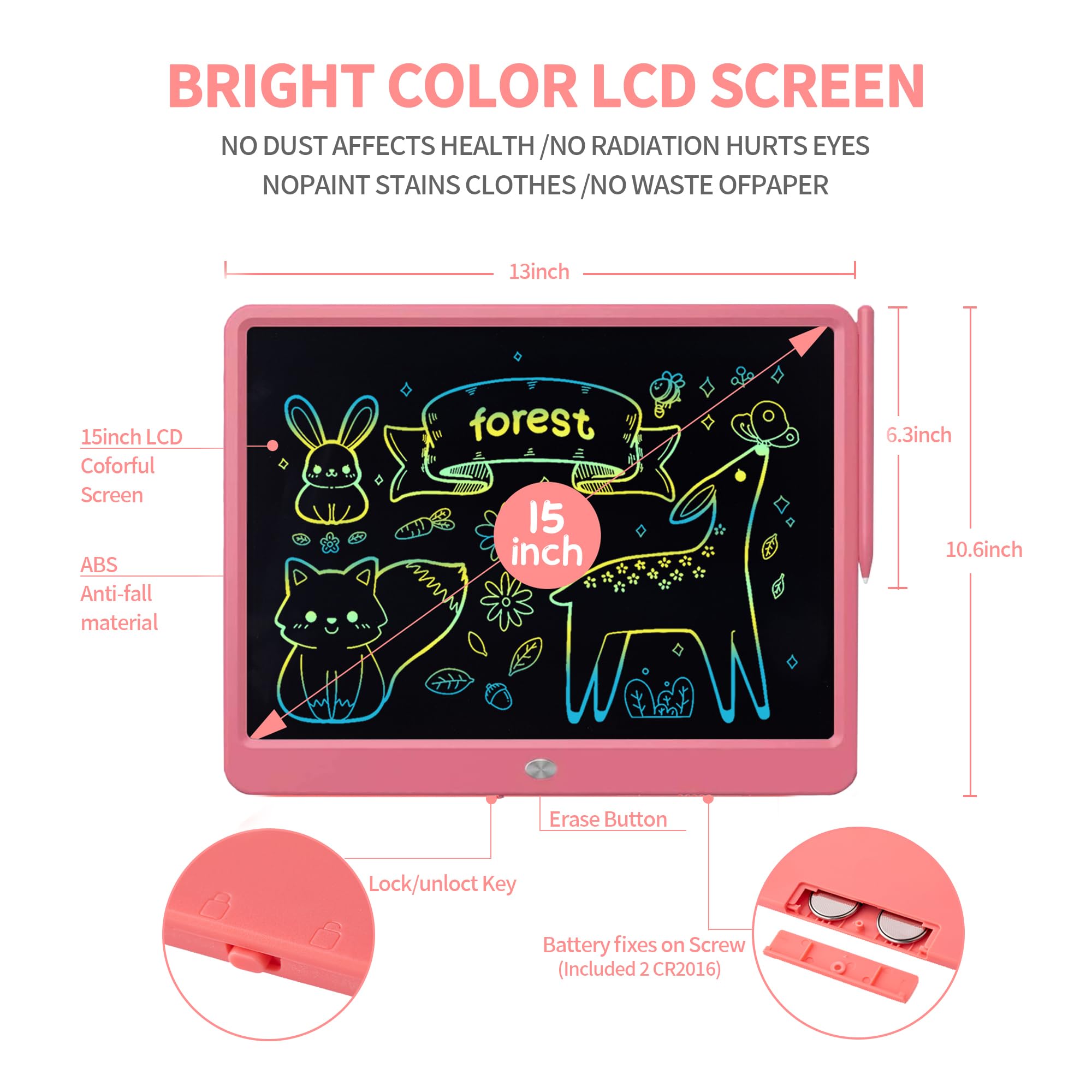 Tavoletta da scrittura LCD, da 15 pollici, tavoletta da colorare e disegnare, per bambini, giocattoli educativi, cancellabile, elettronico, scrittura a mano, per schizzi dai 3 anni in su