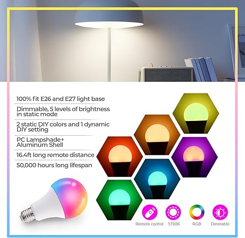 Miniatura 9 de Droiee Bombilla LED cálida E26 regulable, 6 W RGBW color 500LM con 16 modos de cambio de color para Navidad, fiesta, etc. con control remoto,