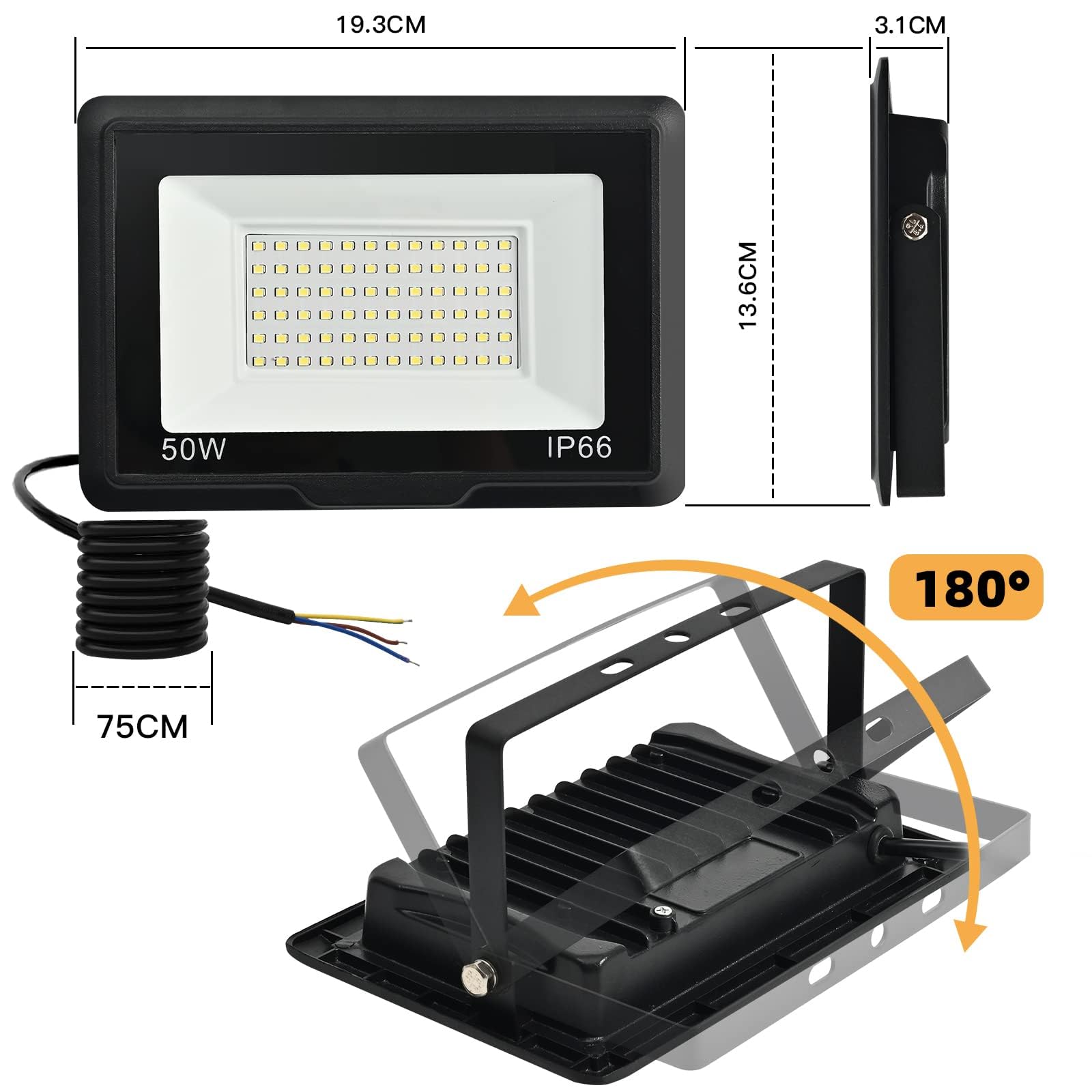 Jefedana 2PCS Outdoor LED Spotlights 50W 10000LM IP66 Waterproof LED Projector 6500K Cool White Floodlight for Garden Garage - Image 2