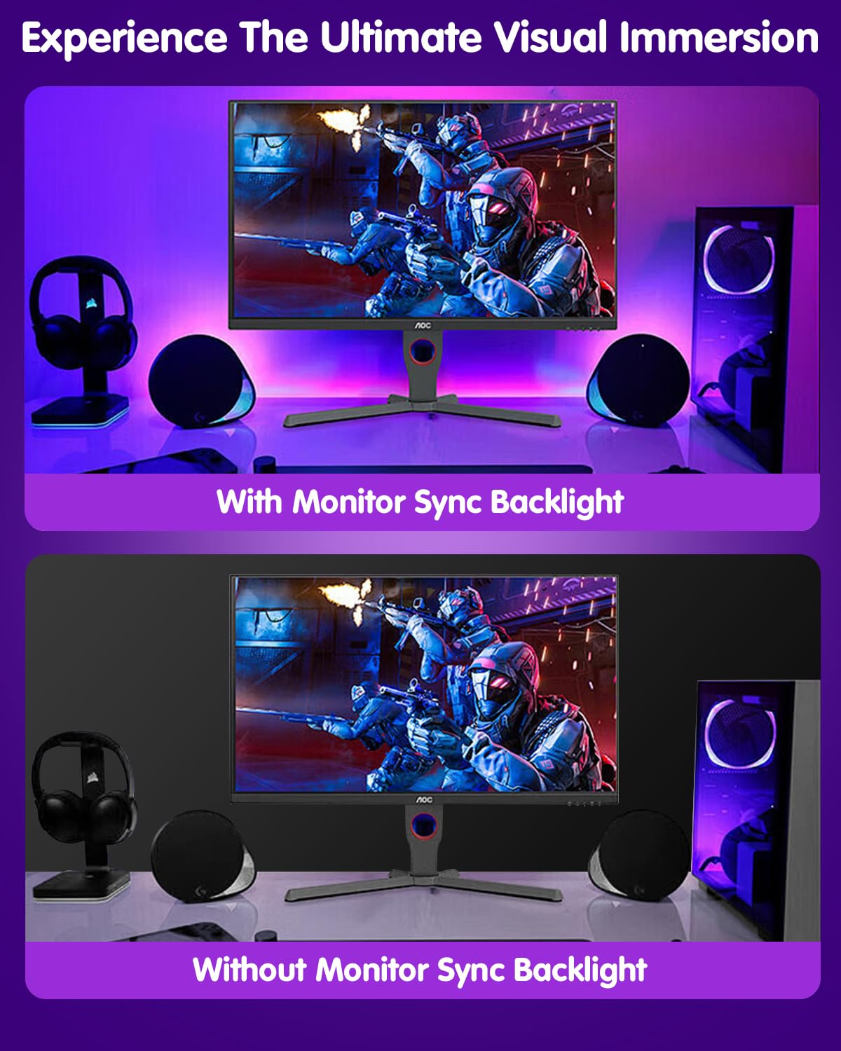 Ruban LED Sync Écran PC 32" Rétroéclairage Gaming RGBIC USB 5V
