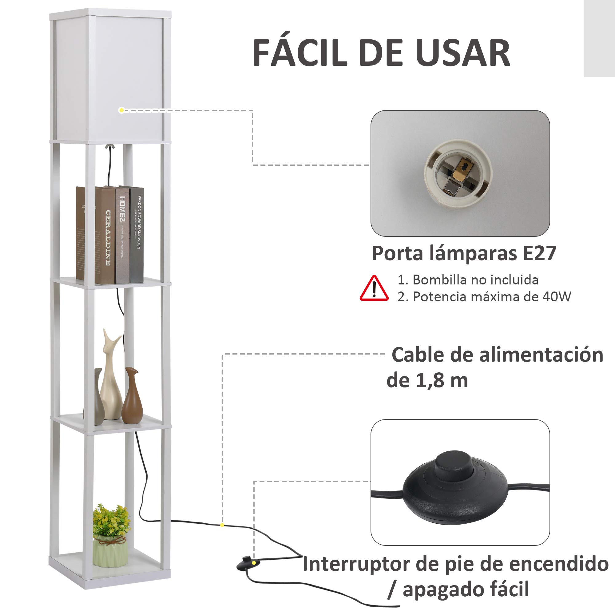 HOMCOM Lámpara de Pie con Estantes de Almacenaje, Lámpara de Madera Moderna, Bombilla E27, para Salón, Dormitorio, Oficina, Blanco