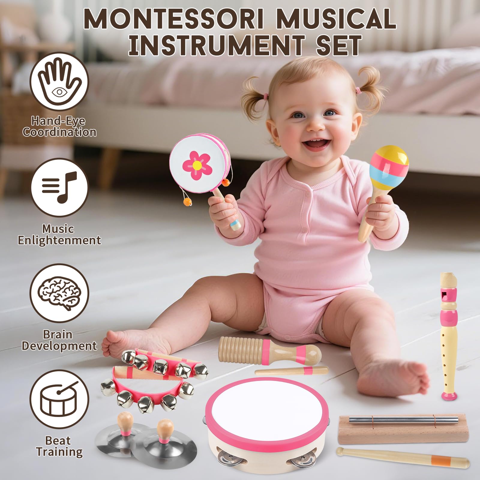 Instruments de musique pour tout-petits - Jouet Montessori en bois pour les tout-petits de 1 à 3 ans - Instruments de percussion pour enfants d'âge préscolaire - Cadeau de Noël et d'anniversaire