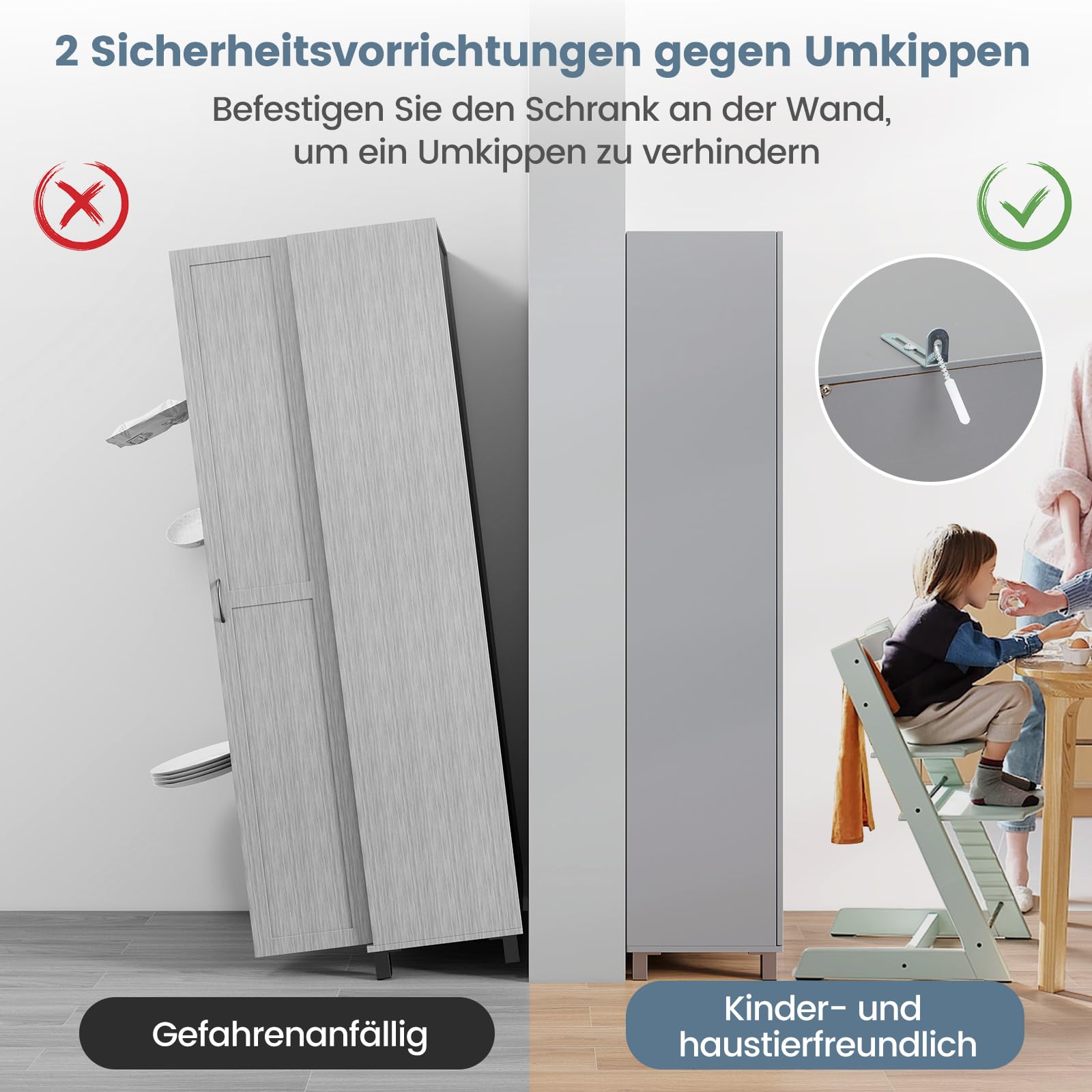 COSTWAY Küchenschrank hoch, 187 cm, Vorratsschrank mit 2 Türen & verstellbarem Regal, Mehrzweckschrank modern, Hochschrank Buffetschrank, für Küche Esszimmer Wohnzimmer (Grau)