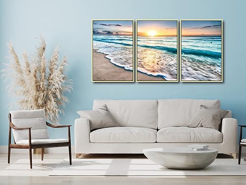 Miniatura 3 de Wieco Art Arte de pared enmarcado, 3 paneles, arte de lienzo de playa azul para decoración del hogar, vista al mar, puesta de sol, olas blancas,