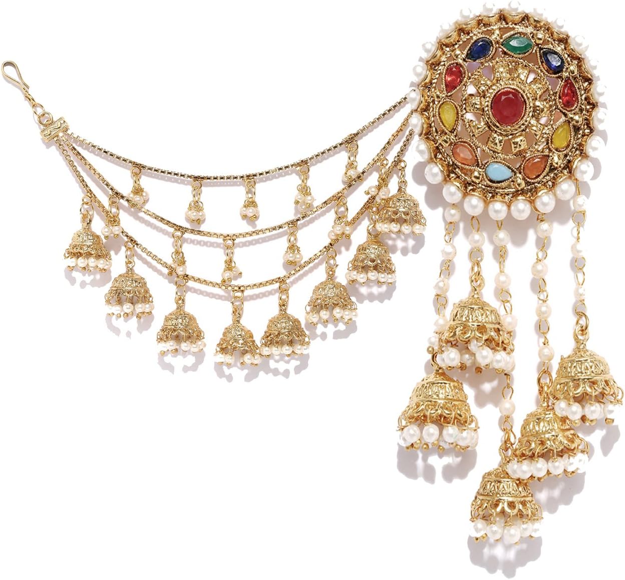 Bollywood Bahubali Traditional Long Kaan Chain Mutli- Color Earring set