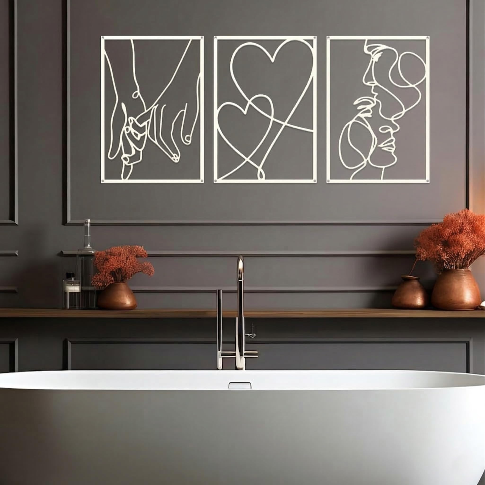 ESTART 3 Pieces Metal Minimalist Line Wall Art, Valentine's Day Lover Kiss Hand Metal Wall Decor, Aesthetic Modern Home Hanging Wall Art Decor for Bedroom Living Room (White)
