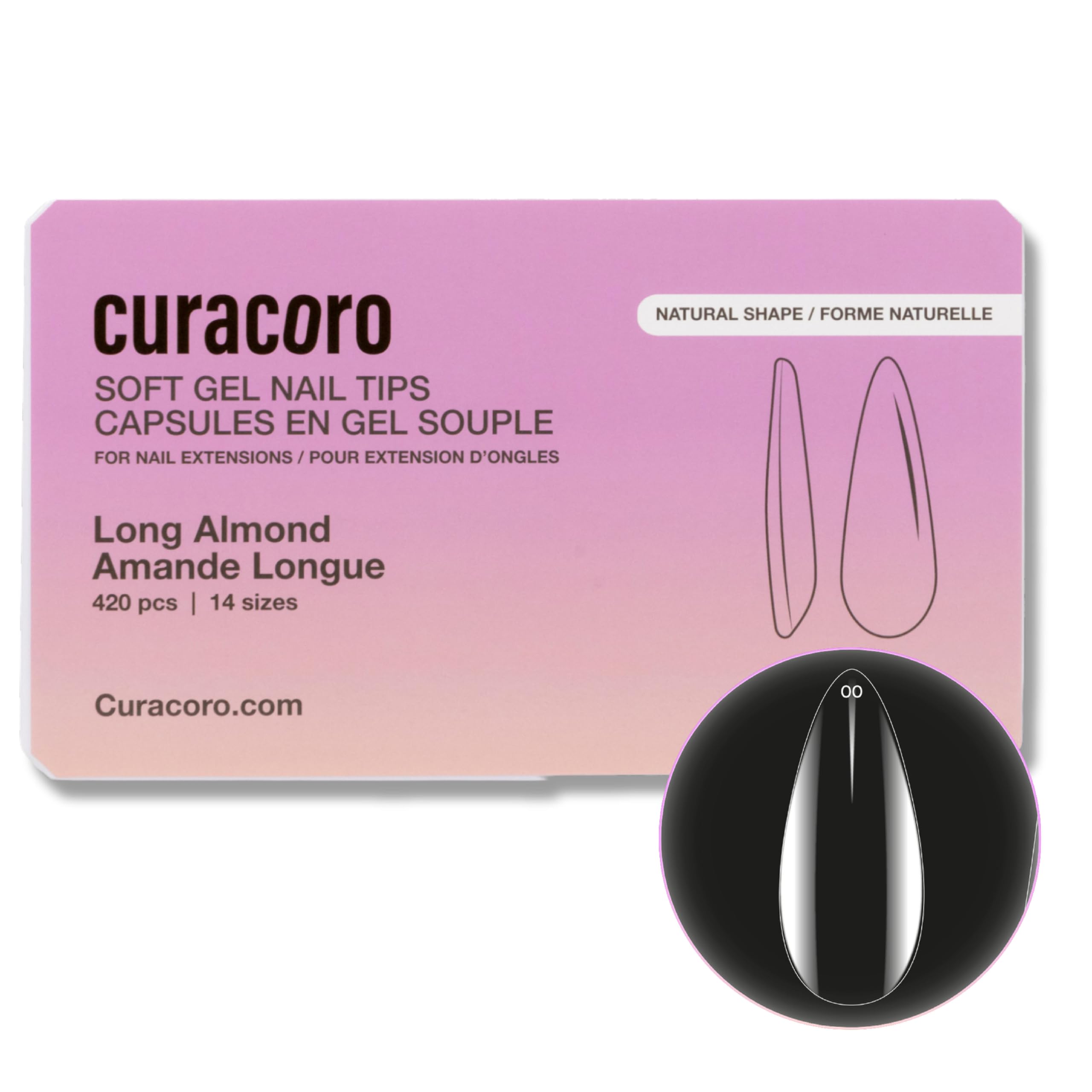 Curacoro Natural Nail Soft Gel Tips, 420Pcs Clear Full Cover Acrylic Gel Tip, 14 Sizes, Long-Lasting Salon Quality