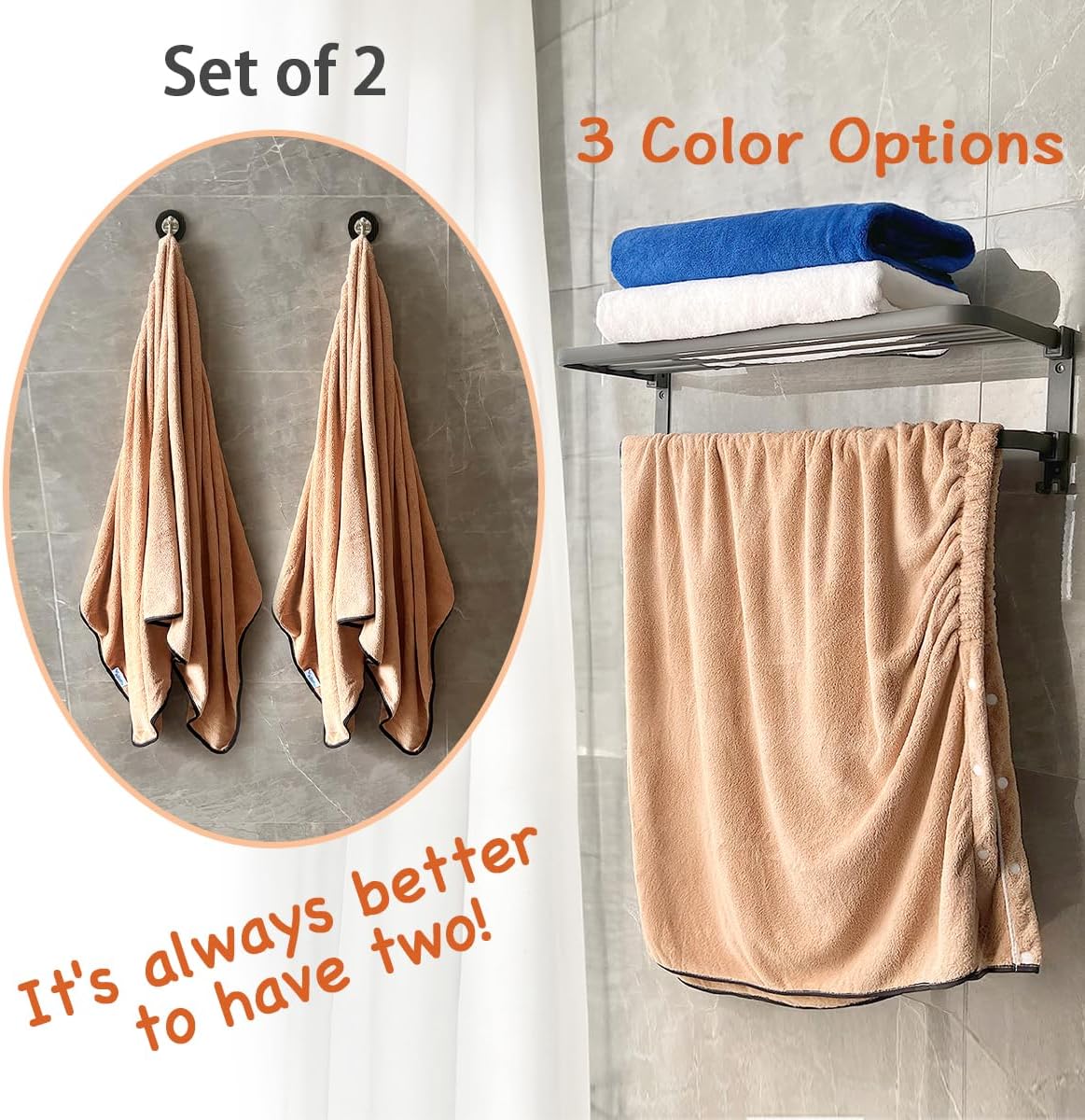 kilofly 2pc Men's Adjustable Shower Wrap Bath Towel with Snap Closure 26 x 54 inch