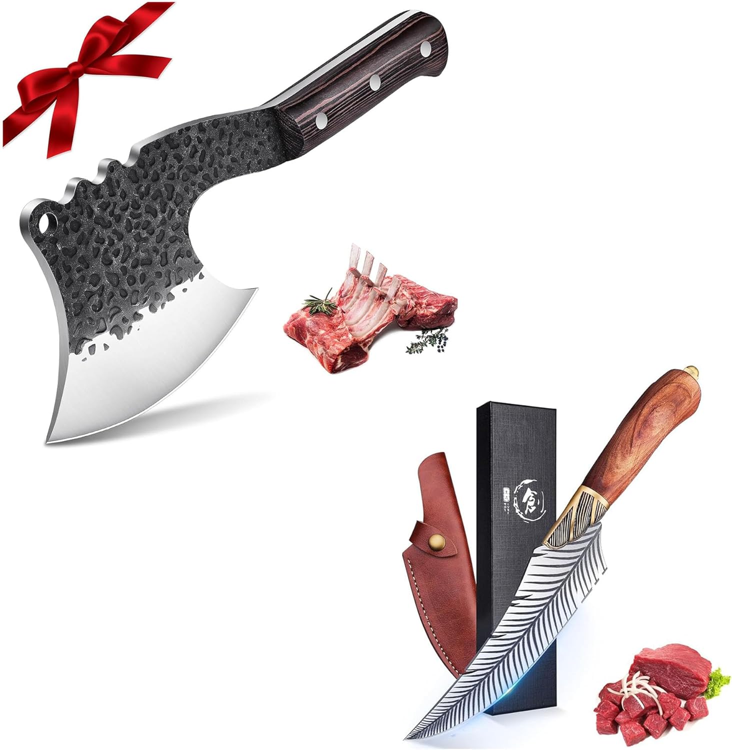 Dream Reach Meat Cleaver Knife Heavy Duty Bone Chopper with cover, Feather Viking Boning Knife, 6 Inch Professional Viking Knife Full Tang Forged Kitchen Cooking Knife with Sheath Gift Box