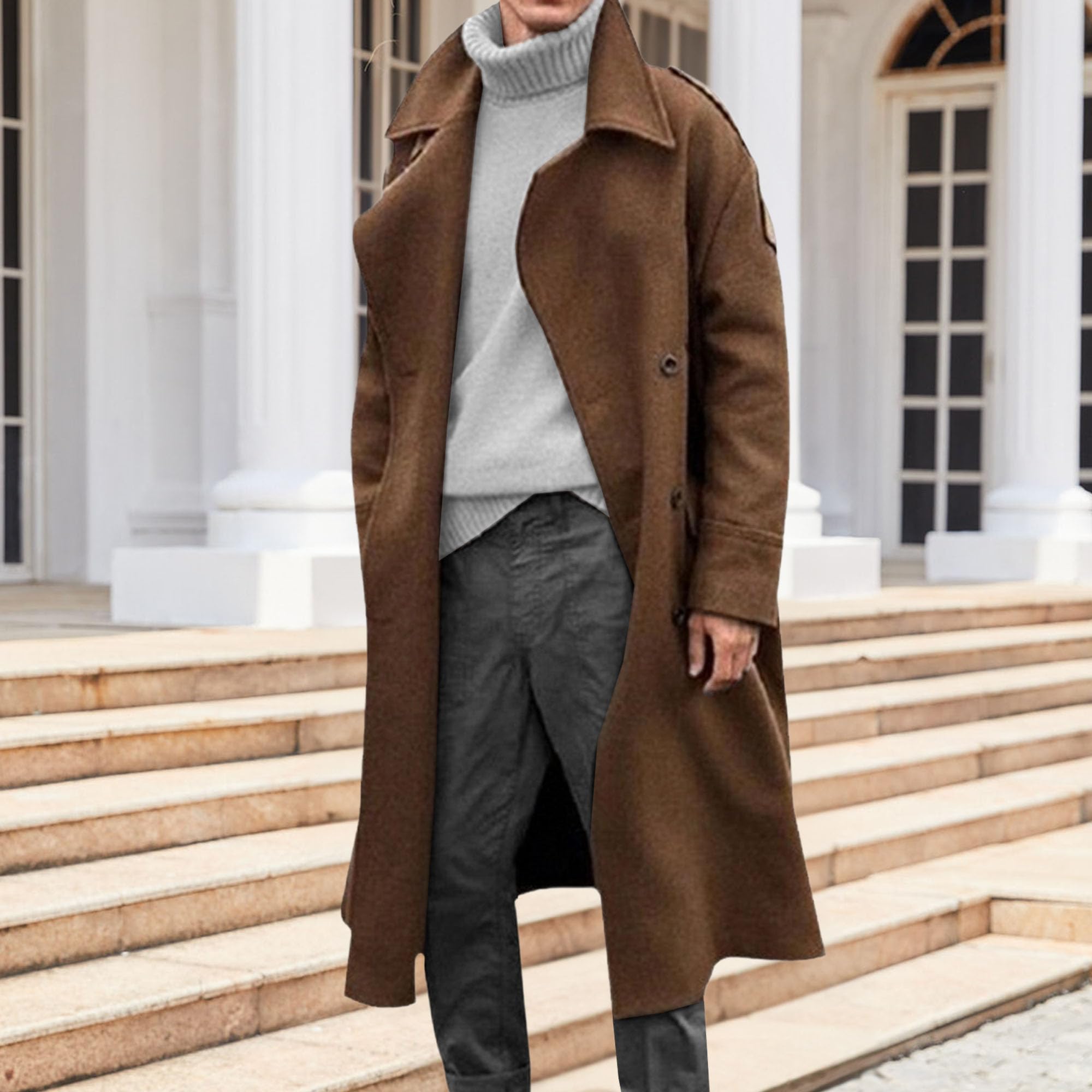 Trench lungo da uomo, monopetto, cappotto invernale da uomo, lunghezza al ginocchio, giacca calda, soprabito vintage con intaglio