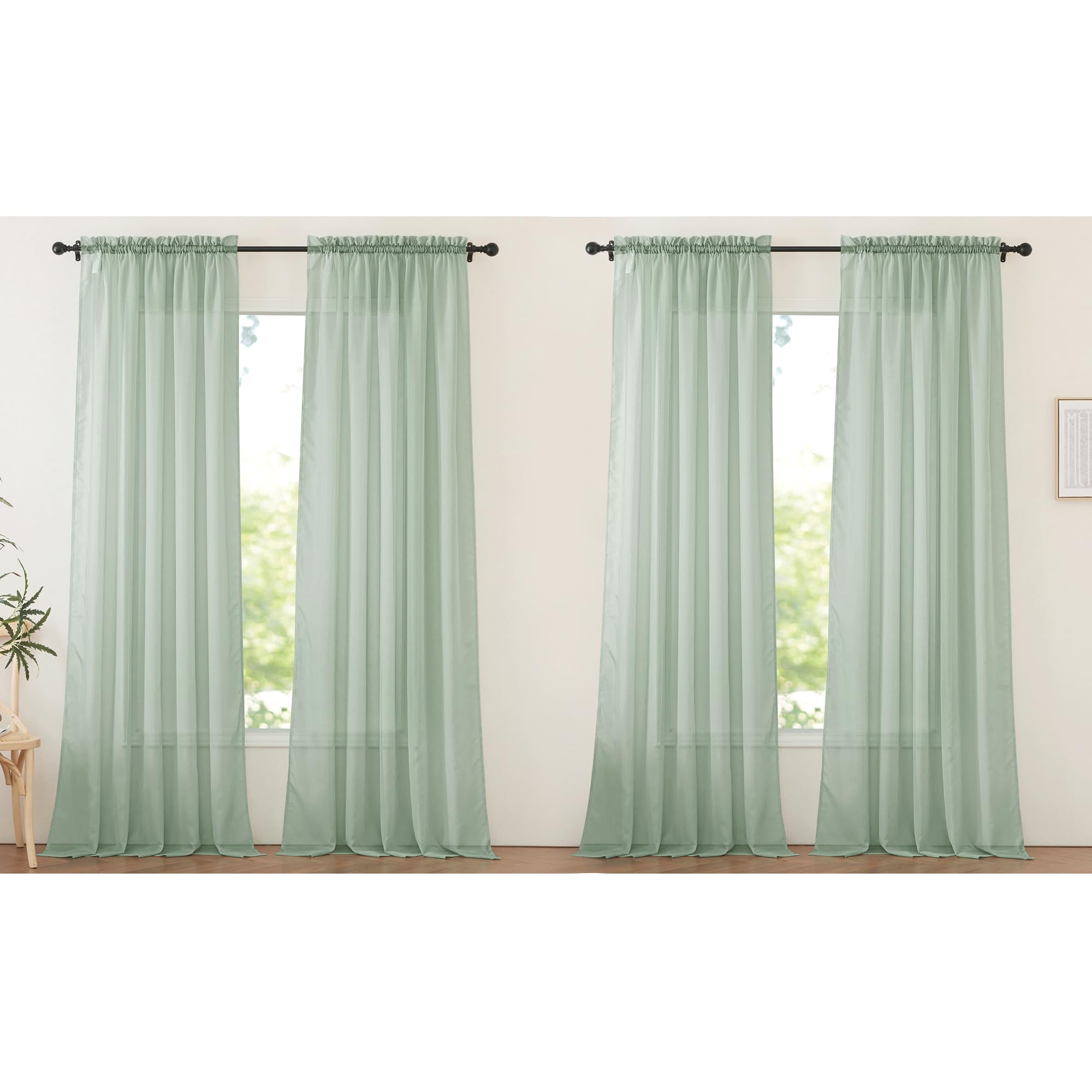 NICETOWN Sheer Curtains for Living Room Extra Long, Rod Pocket Soft Voile Sheer Elegant Window Treatments Airy &amp; Breathable for Bedroom, Sage Green, W60 x L95, Set of 4
