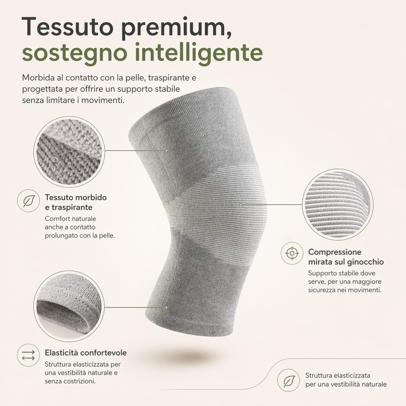Generico Onepress Ginocchiera Bamboo, Ginocchiera in Bambù, Supporto Elastico Traspirante per Ginocchio, Compressione Ergonomica e Comfort Prolungato, Ideale per Sport (Grigio, L)