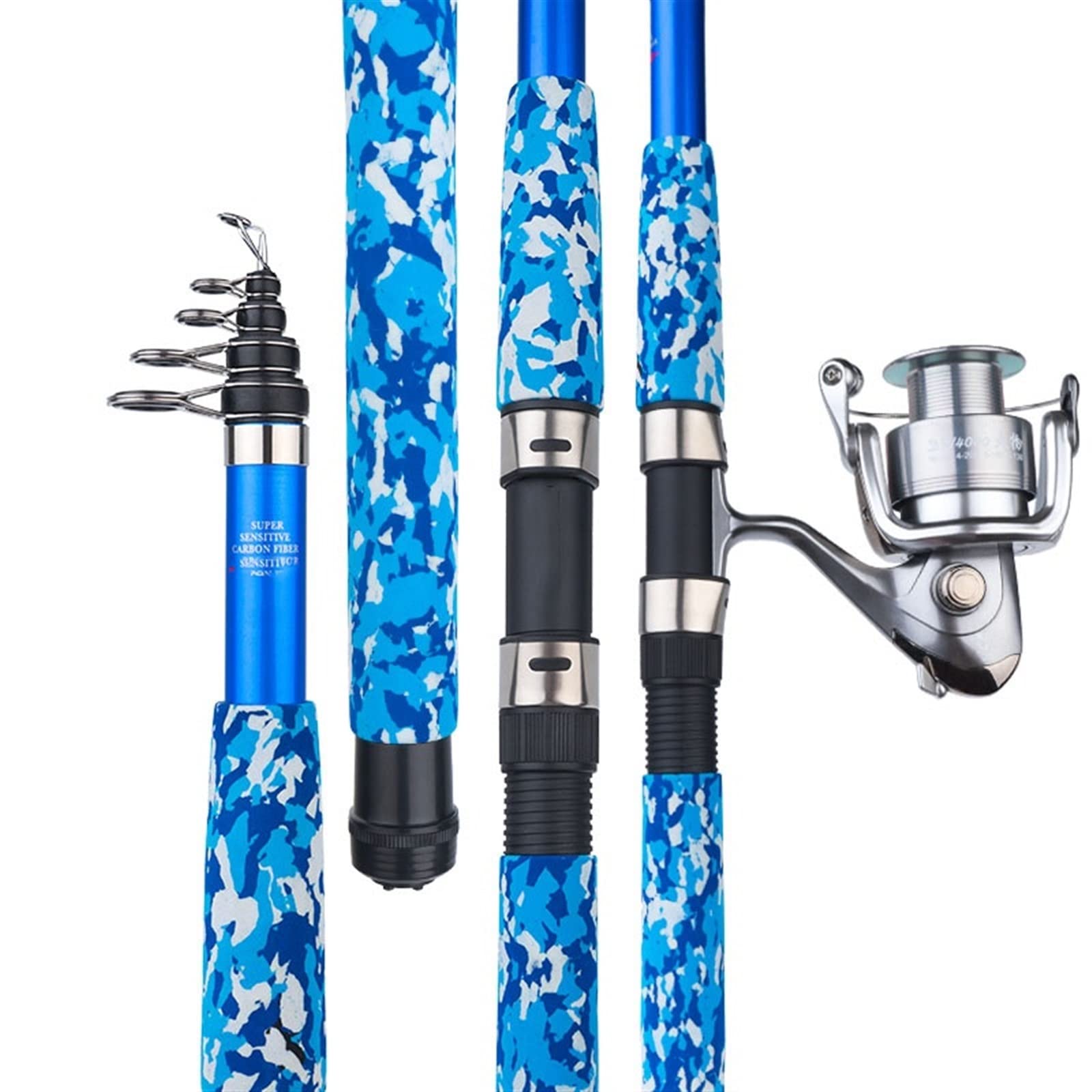 Telescopic Fishing Rod and Reel Combos Set Blue Camouflage Carbon Fiber Fishing Pole Metal Spinning Reels Speed Ratio 4.9:1 Rock Fishing Rod with Ceramic Guide Ring EVA Handle (Size : 2.1m), Fly