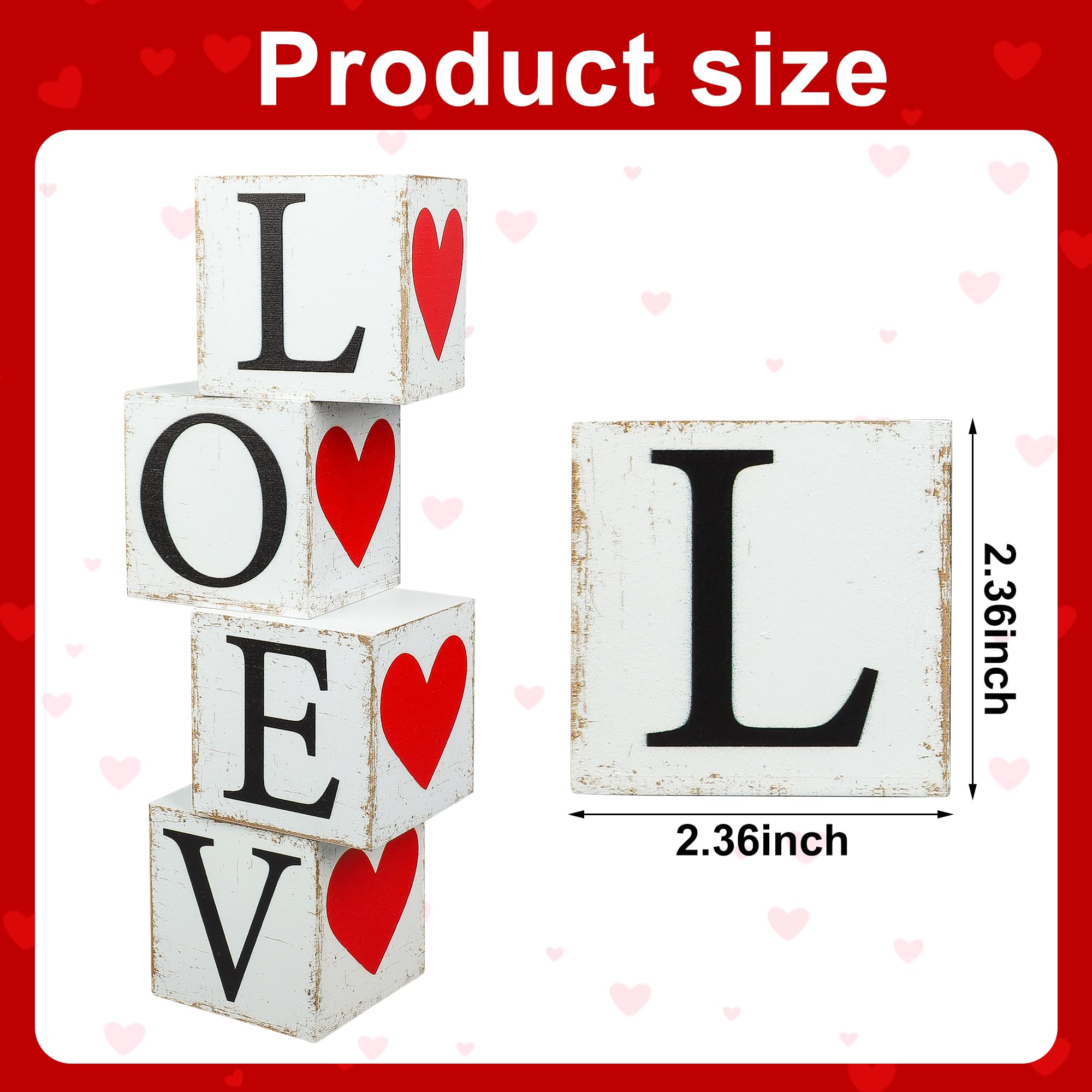 Valentine's Day Wooden Decoration Love Heart Wooden Block Sign Rustic Love Tabletop Centerpiece Double-sided Valentines Tiered Tray Decor for Wedding Party Home Kitchen Table Decor, 4 Pcs