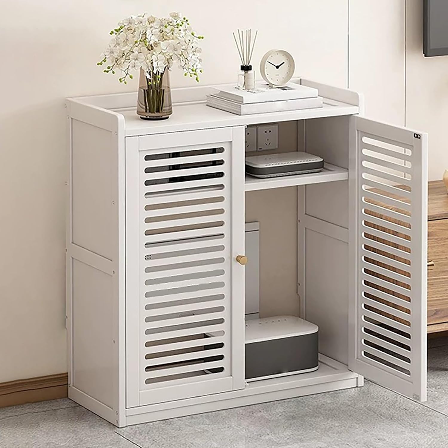 Router WiFi Cabinet with Door Latch - Adjustable Ventilated Router Storage Enclosure, Wood-Look Media Stand for Home Or Office(Black)