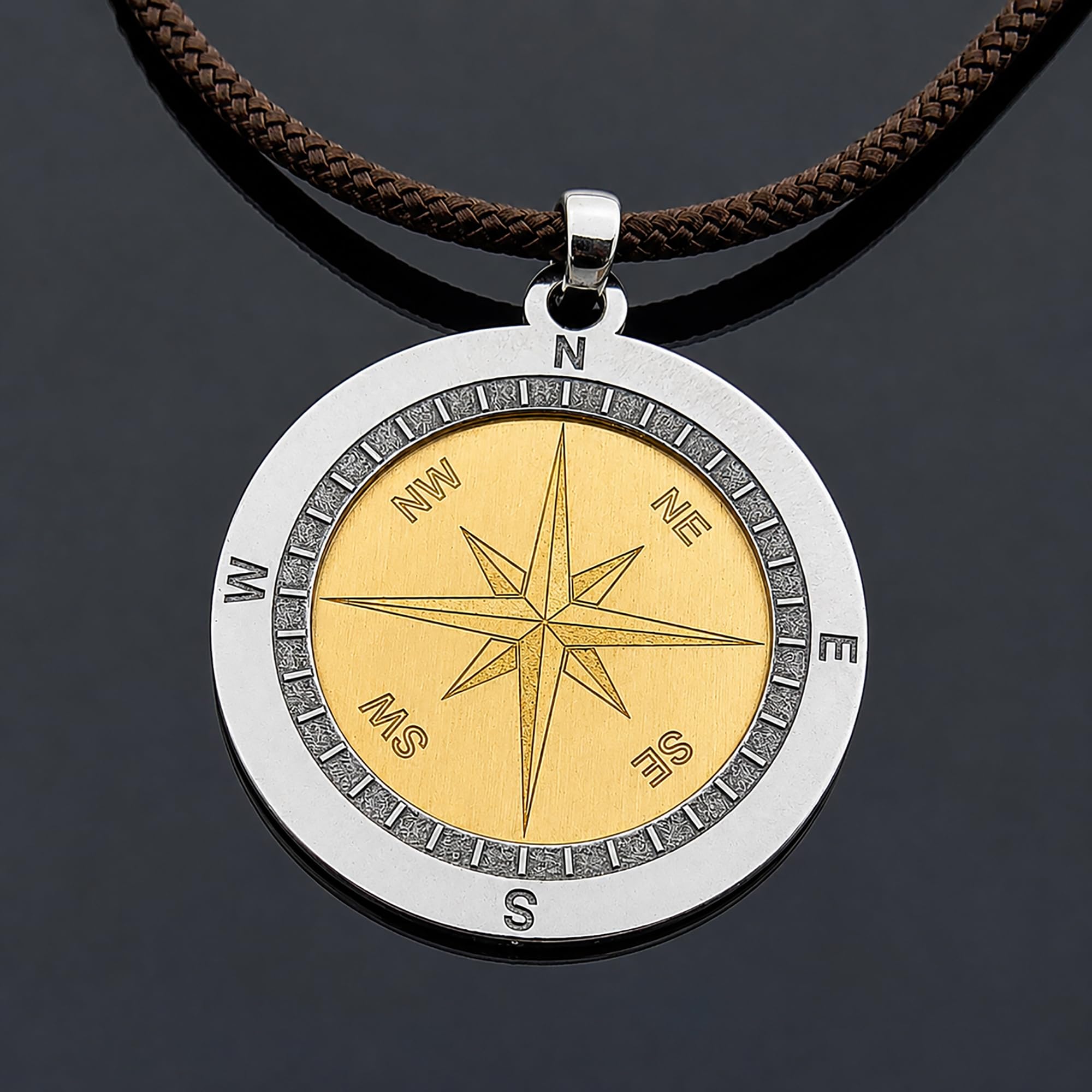 Gioielli Aurum - Collana Uomo Argento Sterling 925 con Ciondolo Bussola Rosa dei Venti, Cordino Cotone Nero 45 cm, Pendente 3 cm Lavorato a Mano, Gioiello Uomo Stile Nautico Idea Regalo