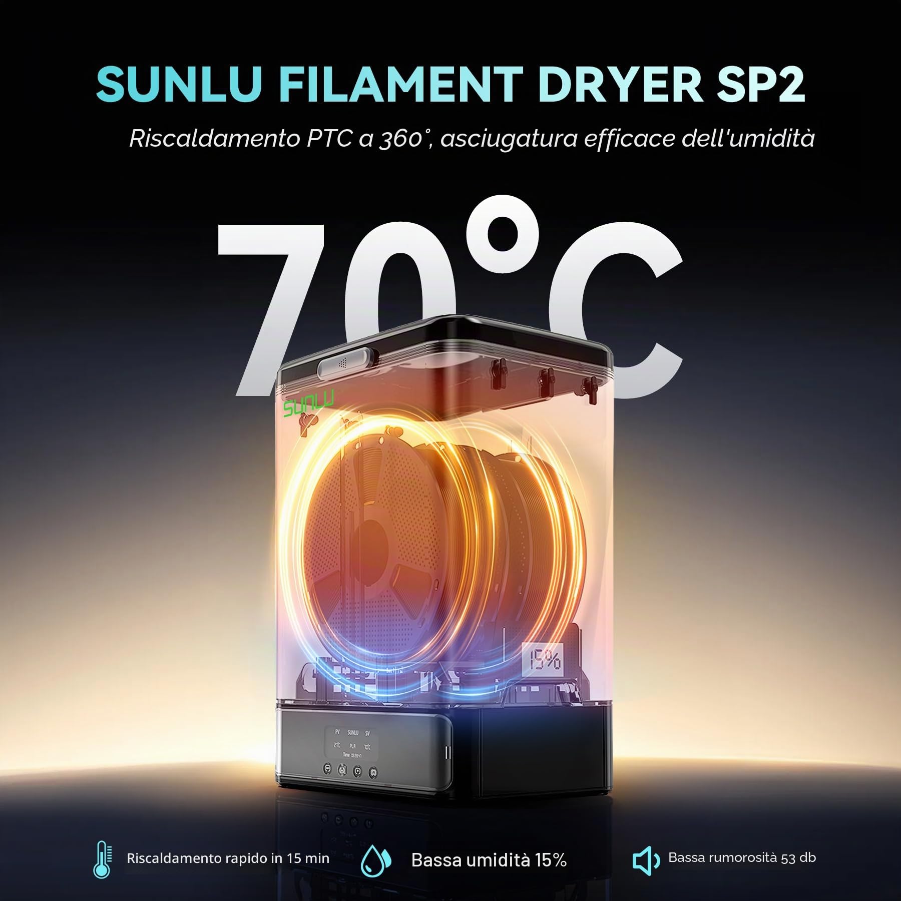 SUNLU Essiccatore Filamento 3D SP2 e Scatola di Stoccaggio del Filamento, 2 Bobine Filament Dryer, 70℃ Massima Temperatura con 360° Riscaldamento, Essiccatore Filamento Stampante 3D per PLA PETG TPU