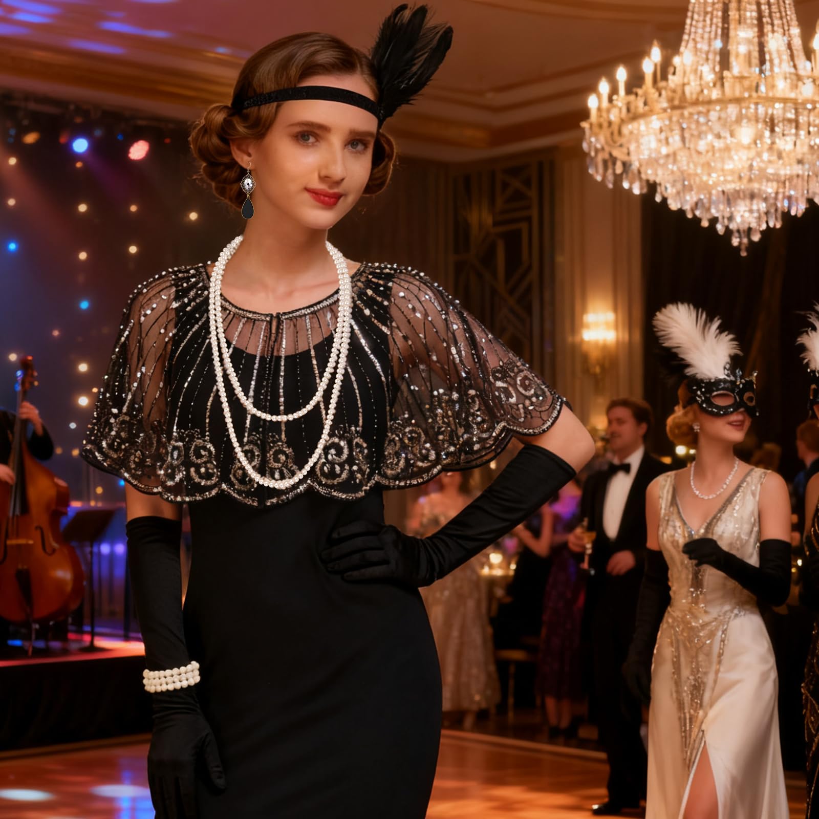 ELECLAND 10 Pièces Années 1920 Flapper Great Gatsby Accessoires Set Mode Roaring 20's Theme Set avec Bandeau Bandeau Long Gants Noirs Collier Boucles d'Oreilles pour Femme
