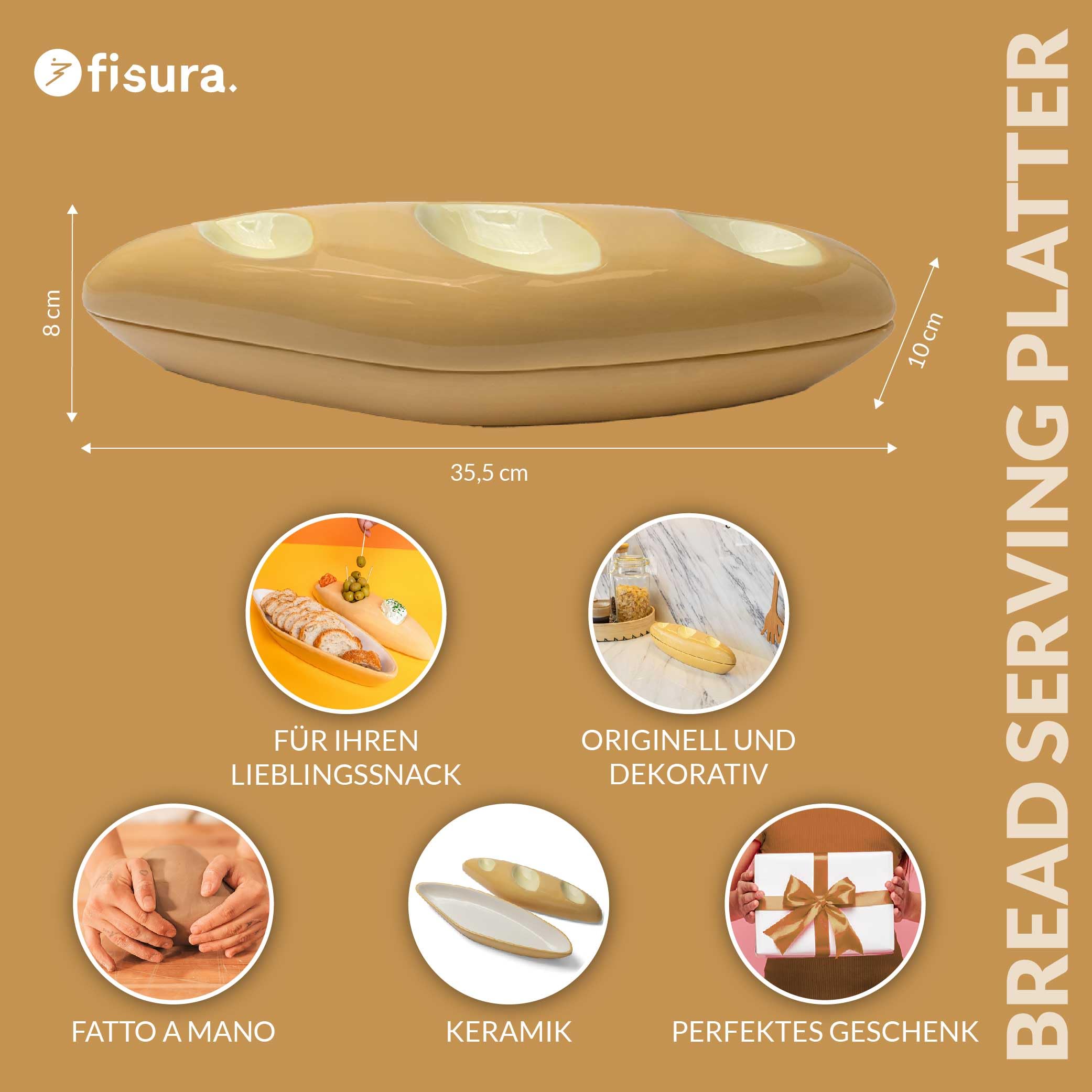 FISURA - Brotbar Teller Original Snackteller Snackteller in Form einer Brotbar Porzellan Vorspeisenteller mit 3 Fächern, Riegel, Braun