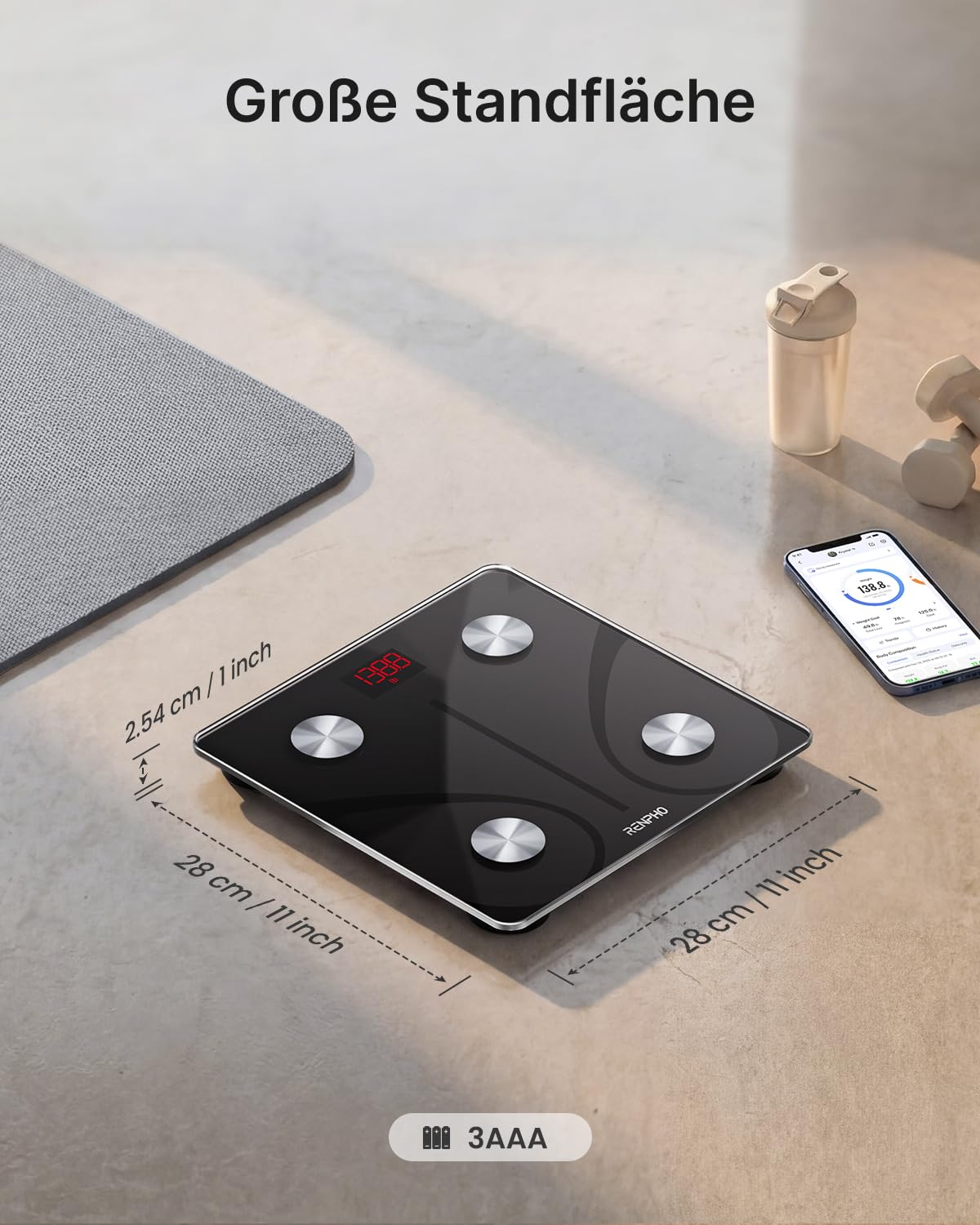 RENPHO Personenwaage Körperfettwaage, Waage Personen mit App 180 kg/400 lbs, Körperwaage Digital Bluetooth Körperanalysewaage für Körperfett, BMI, Muskelmasse, Protein, BMR, Schwarz,Elis 1