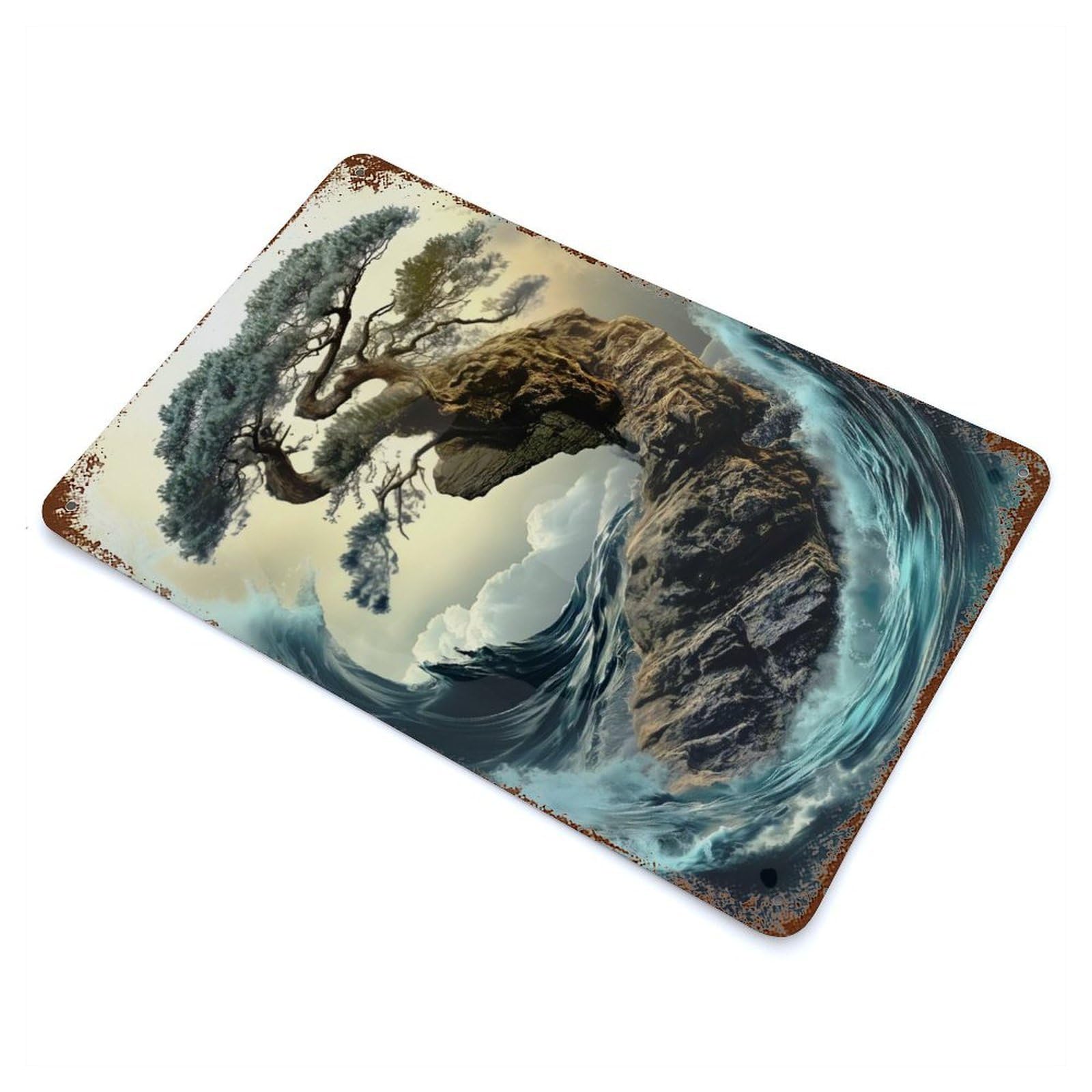 Garage Style Bonsai Tree on A Cliff Tranquil Scenery Rustic Tin Plaque 11.8"x7.9", Industrial Home Decor for Bar And Workshop