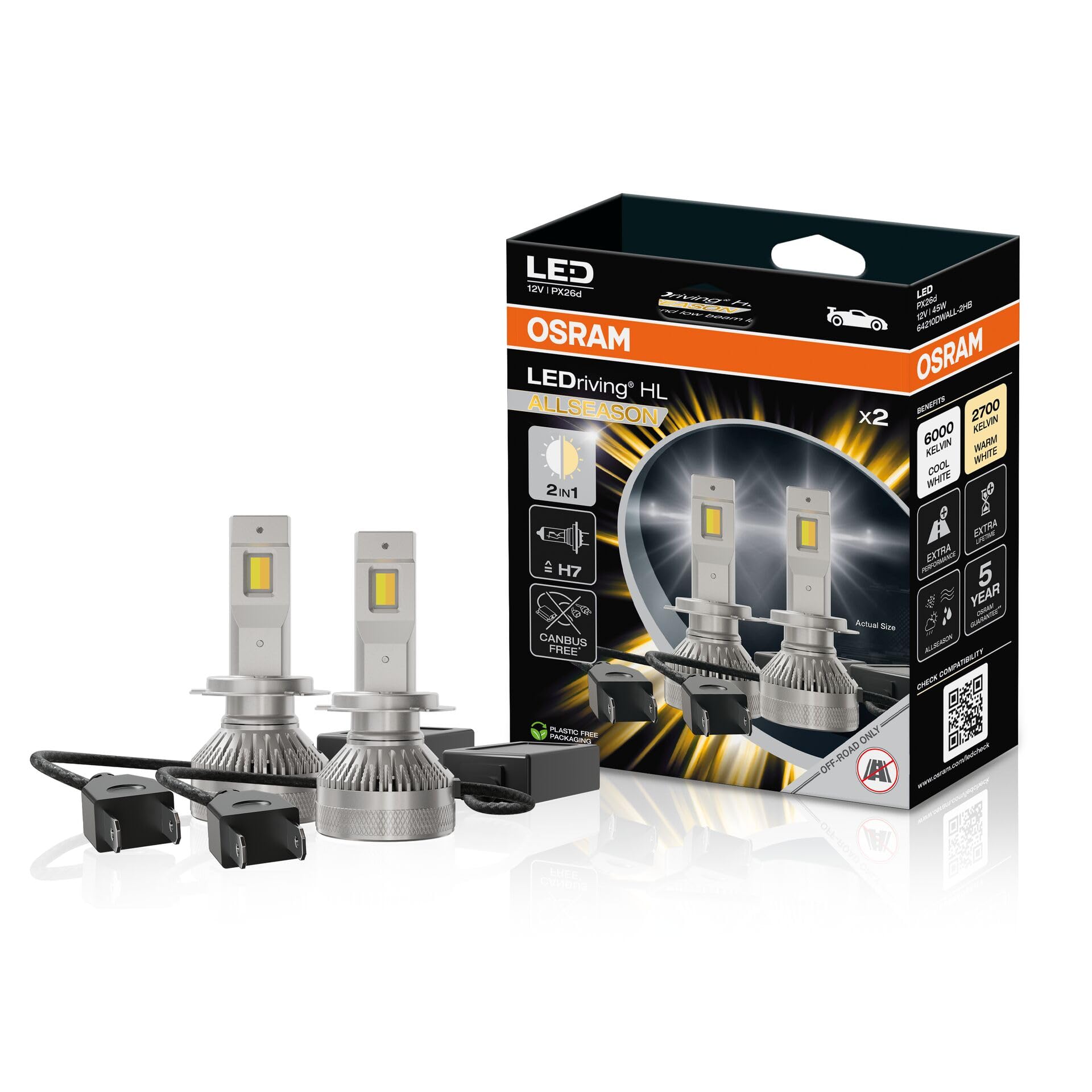 OSRAM LEDriving HL ALLSEASON ≜H7, lámpara LED de luz de carretera y de cruce, color de luz conmutable de blanco frío a blanco cálido, 6000K a 2700K, solo para uso todoterreno, sin ECE, 2 lámparas