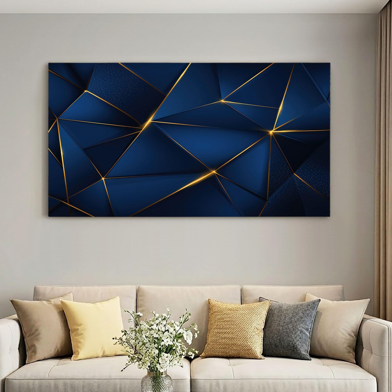 Lienzo decorativo con marco abstracto moderno para salón, 70 x 50 cm, diseño geométrico azul, poligonal, triángulo, cuadros para dormitorio, oficina y baño