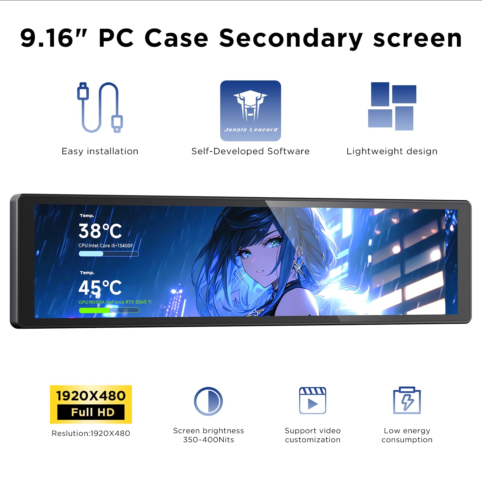 TZMRIT 9.16" Universal LCD Screen Display for PC,Customizable ARGB Frame,Temperature Display Panel,Mini Monitor,with Preset & DIY Themes for Gaming PC Case/CPU Cooler (BK)