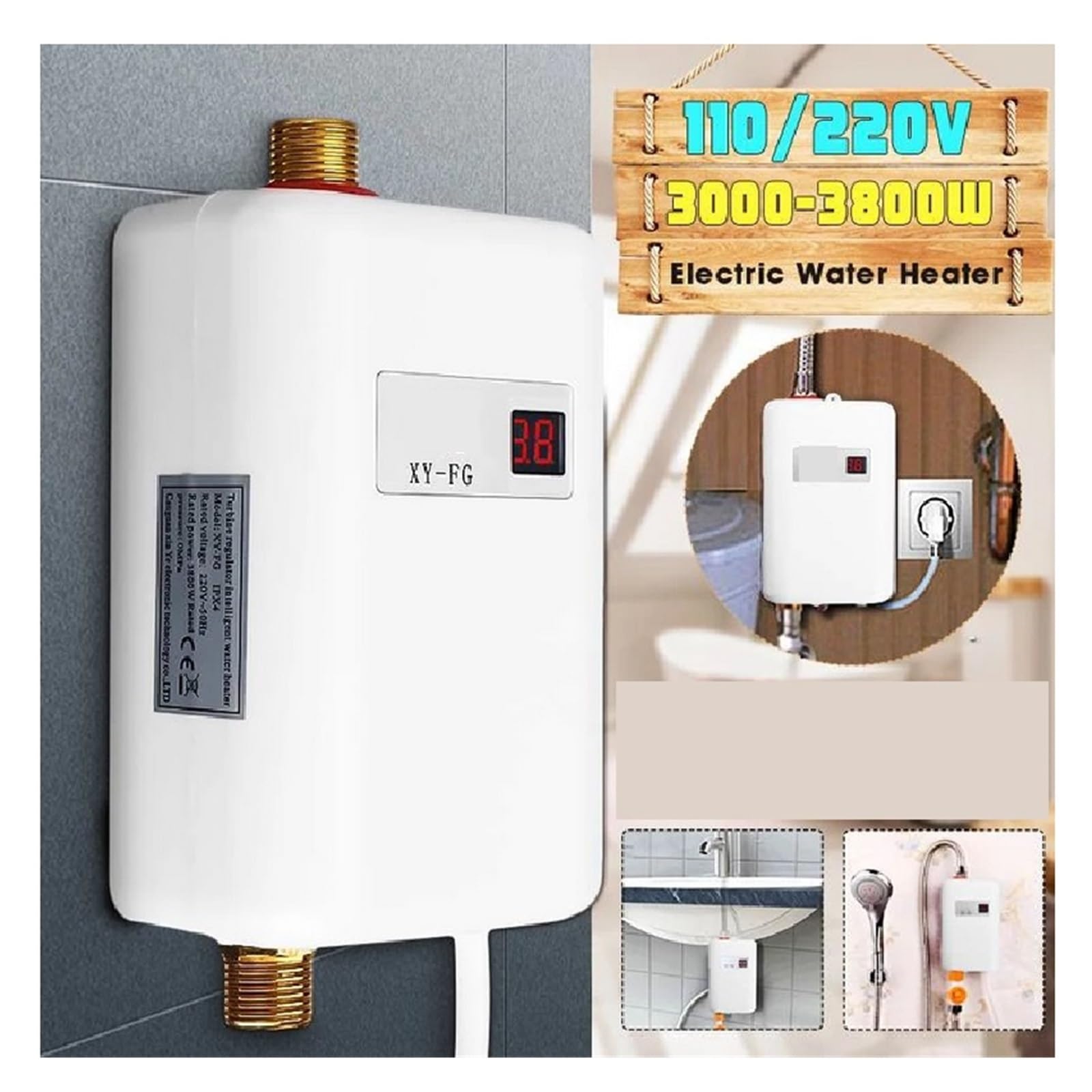 3800W Bezzbiornikowy Elektryczny Podgrzewacz Wody Łazienka Kuchnia Natychmiastowy Podgrzewacz Wody Wyświetlacz Temperatury Ogrzewanie Prysznic Uniwersalny Kompaktowy i trwały(Golden)