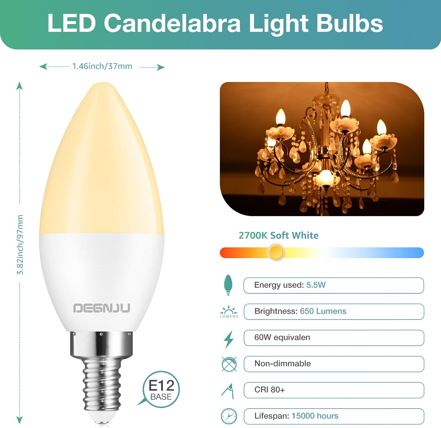 20 Pack LED Candelabra Light Bulbs 60W Equivalent, Chandelier Light Bulbs Soft White 2700K, E12 LED Bulb, Type B Light Bulb 5.5W, Candelabra Base, 120V, B11 Candle Light Bulb, Non-Dimmable