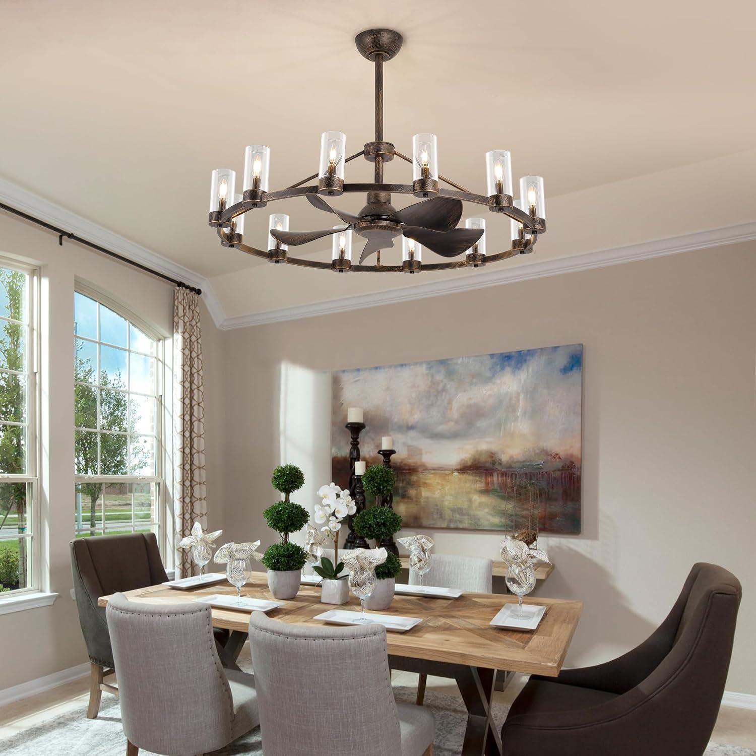 44" Wagon Wheel Chandelier Ceiling Fans with Lights and Remote with APP, 12-Lights Farmhouse Fandelier Fans with Glass Shade, Antique Bronze Lighting Fixture for Dining Living Room, Kitchen Island