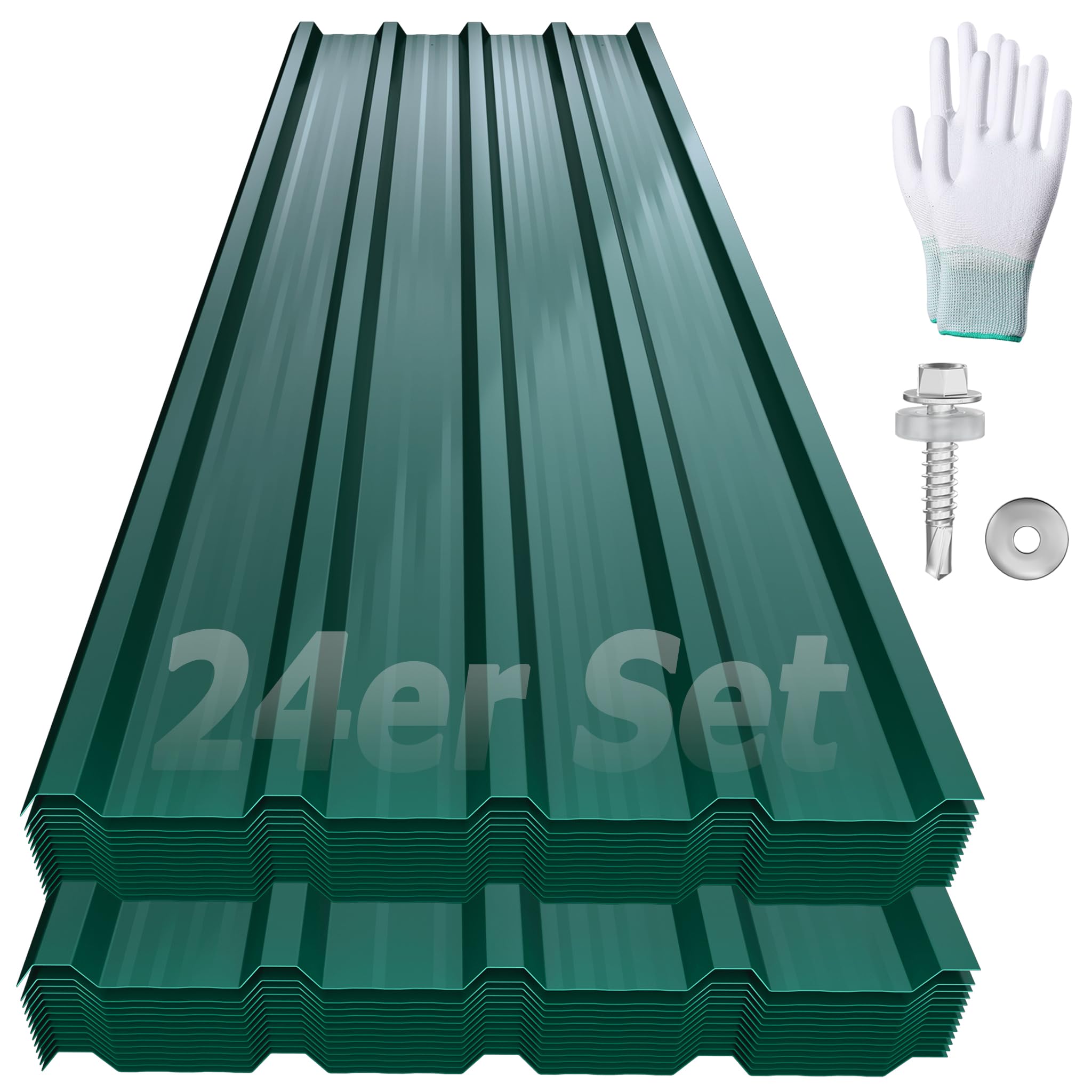 YRHome 24er Dachbleche Trapezblech 129,5x45cm Stahlblech Formblech Platten Dachplatten Wetterfest Wellblechplatten Verzinkter Stahl für Garagen Dach inkl. Schrauben und Handschuhe - Typ A Grün