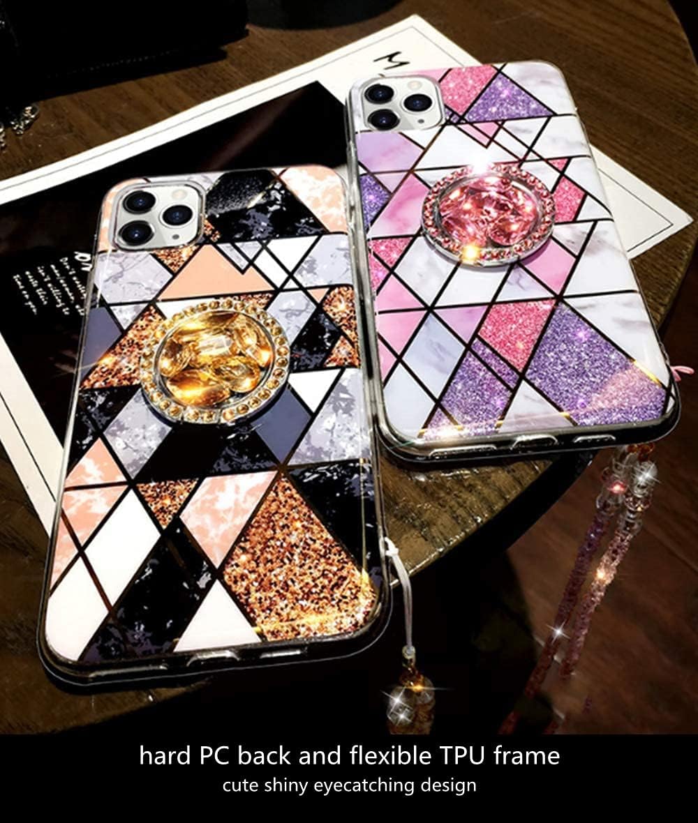 Aulzaju for iPhone 12 Cute Case iPhone 12 Pro Phone Case with Ring Kickstand Luxury Glitter Girly Marble Design Hard PC Back Pretty Bling Diamond Rugged Bumper Cover with Bead Strap for Women