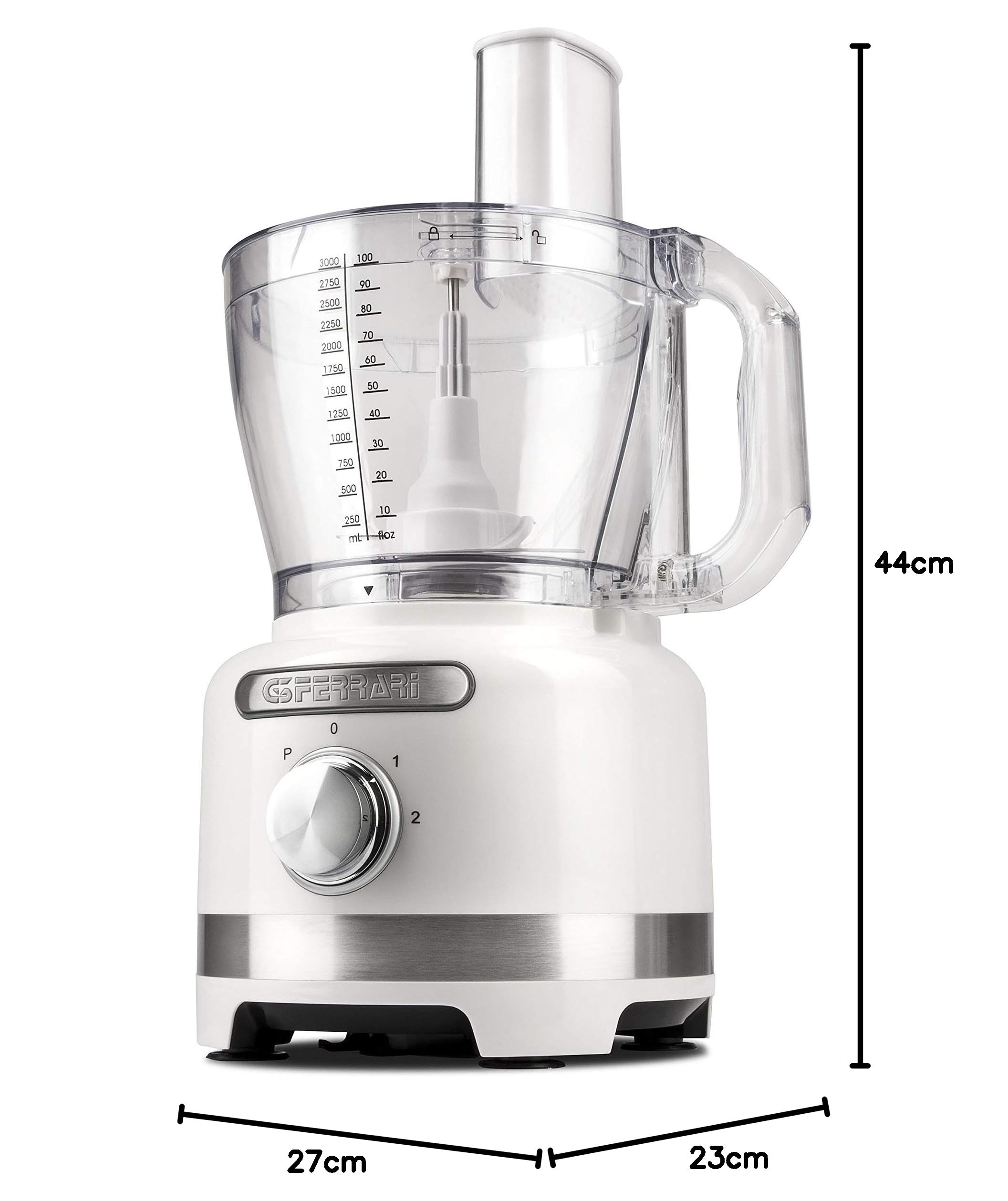 G3 Ferrari G20099 Robot Multifunzione Mixatutto, 1000W, Ciotola da 3 Lt, 2 velocità con Pulse, 3 dischi reversibili INOX, Incluso frullatore da 1.5 Lt, Bianco/Inox