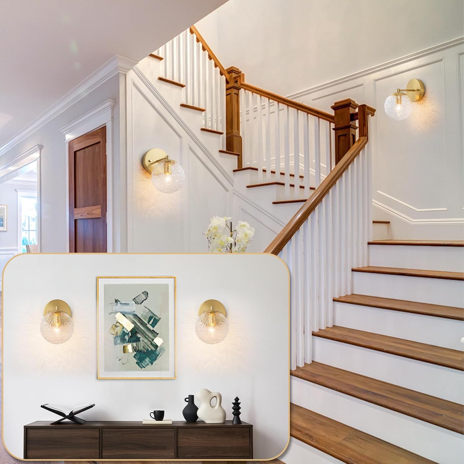 Gold Wall Sconce Set of 2, Gold Bathroom Sconces, Glass Wall Light with Ripple Globe Shade, Hardwired Wall Sconces for Vanity Hallway Bedroom Bedside Living Room Stairs Kitchen (E12)