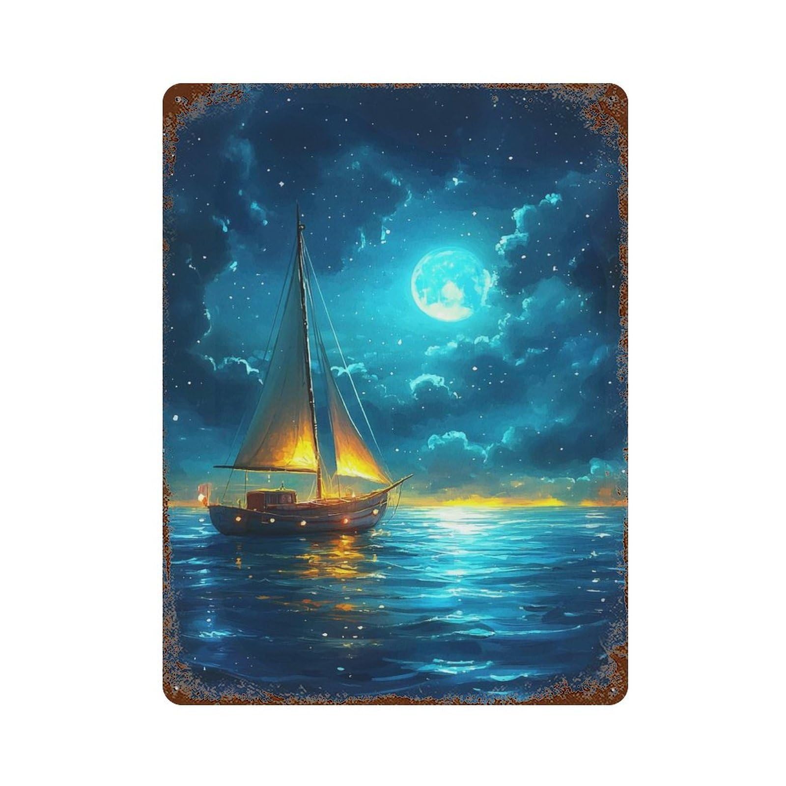 Decorative Tin Sign Sailboat Under Moonlight 15.7"x11.8", Novelty Wall Decor for Shed, Workshop And Garage Wall Decor