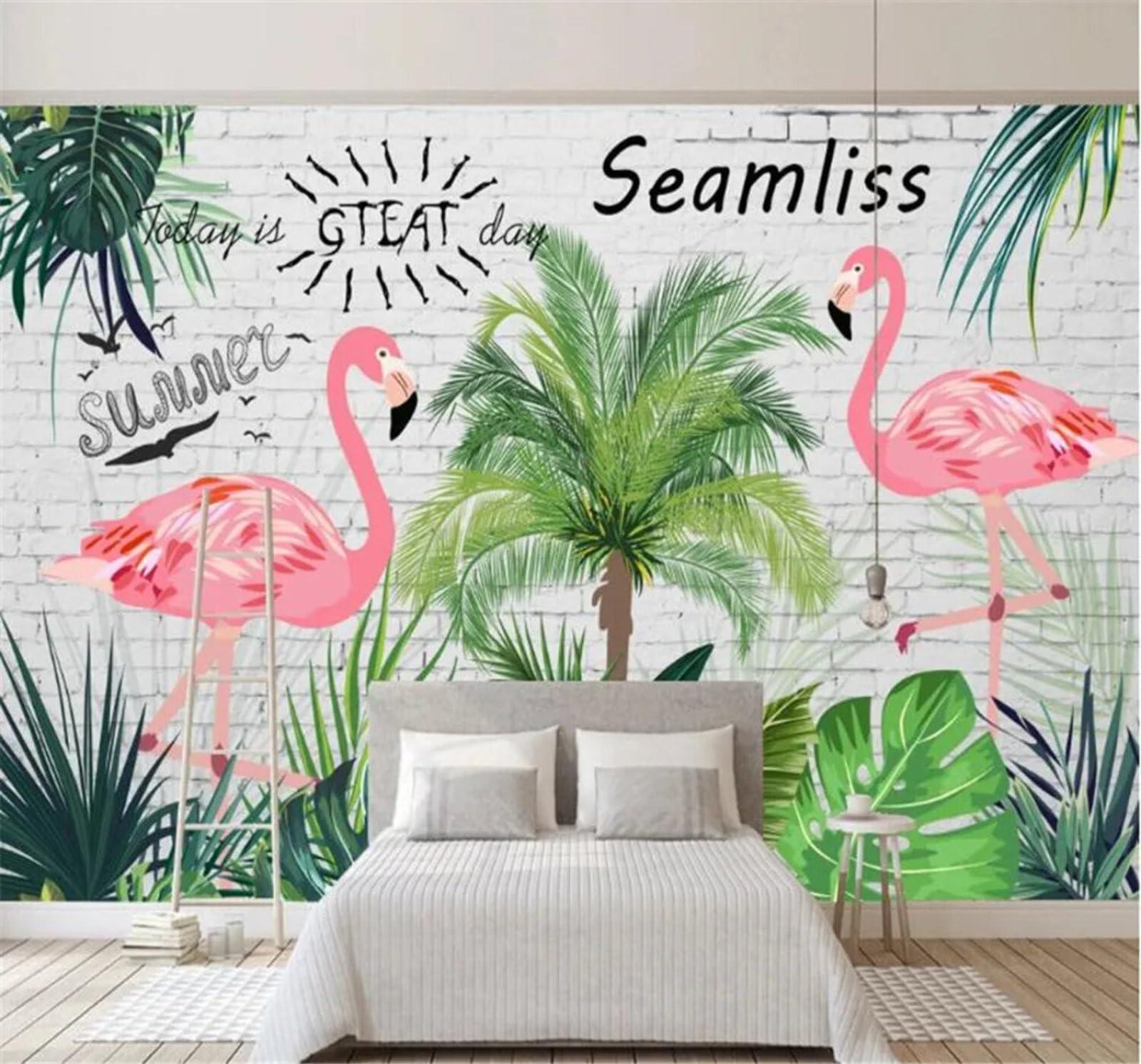 Tzxztt Fresh Tropical Banana Leaves Flamingos Pastoral Modern 3D Wallpaper Premium Textured Silk Neutral Tones Material Ideal for Living Room Bedroom-400cm×280cm