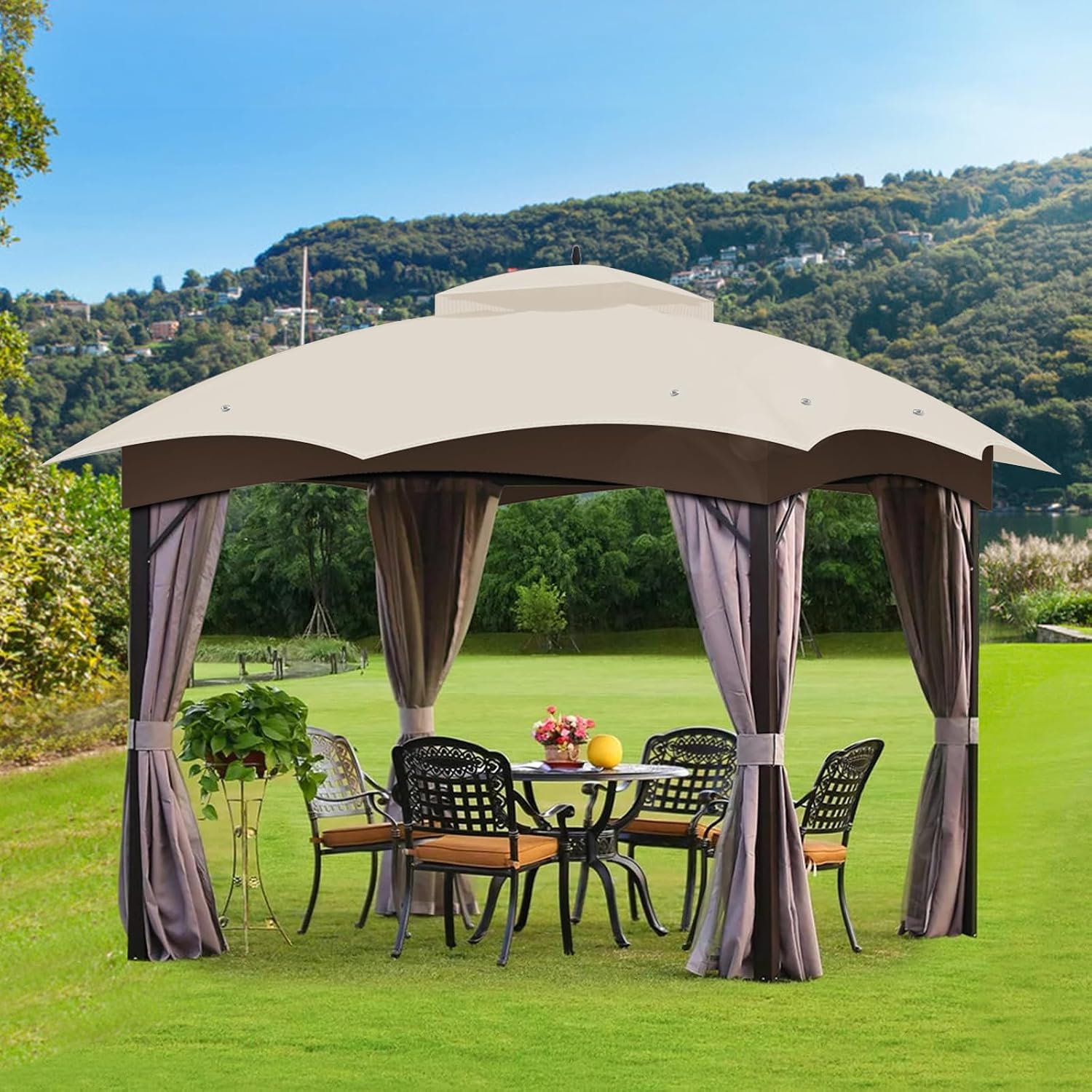 Replacement Gazebo Canopy Top Cover for 10 x 12, Double Tiered Waterproof Canopy Roof for Lowe's Allen Roth Gazebo #GF-12S004B-1(Beige)